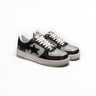 EWW Sports Shoes BAPE STA low-top sneakers in black and grey patent leather with signature star logo and white laces.