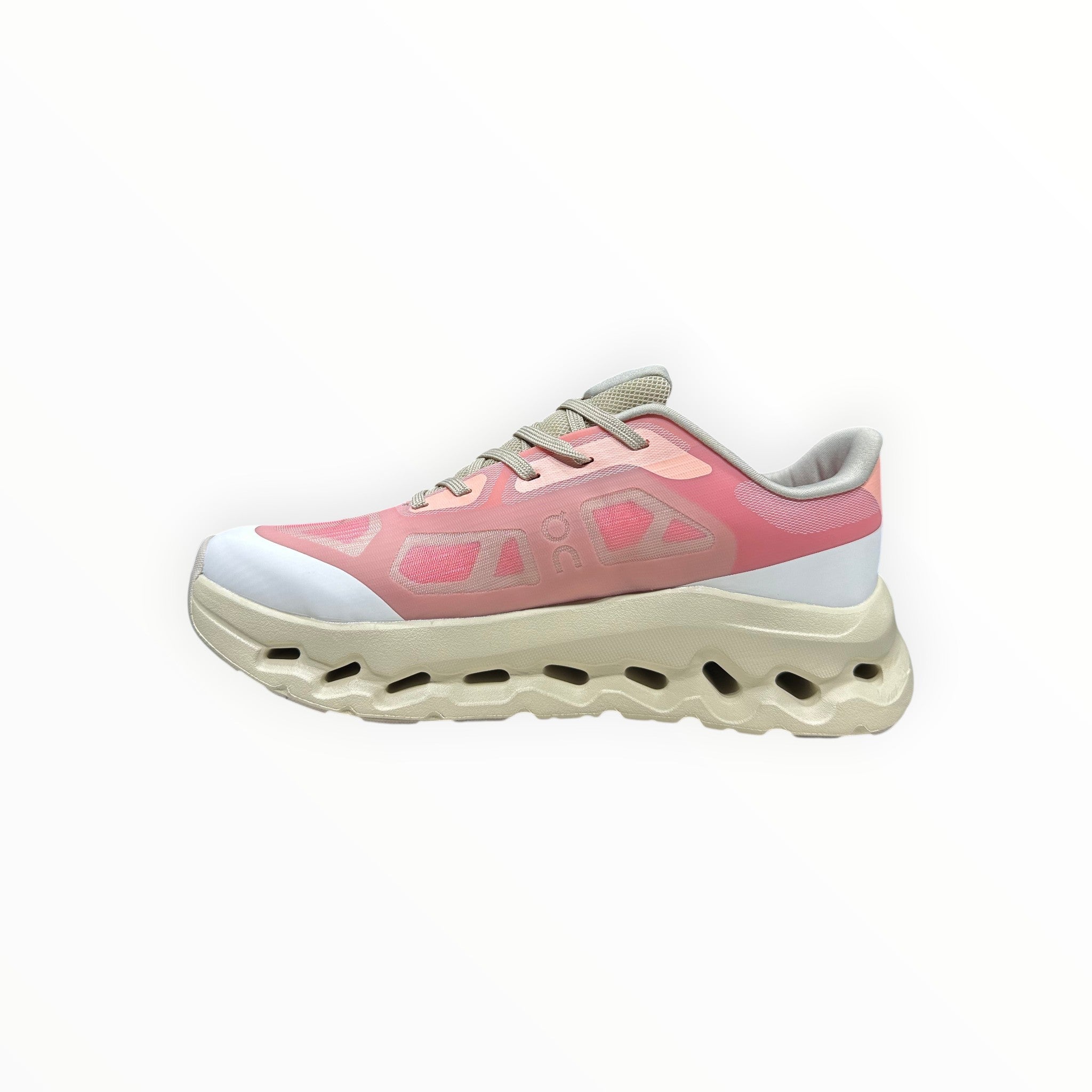 EWW Sports Shoes On Cloudtilt Remix pink and cream running shoe with layered see-through upper and cushioned sole.