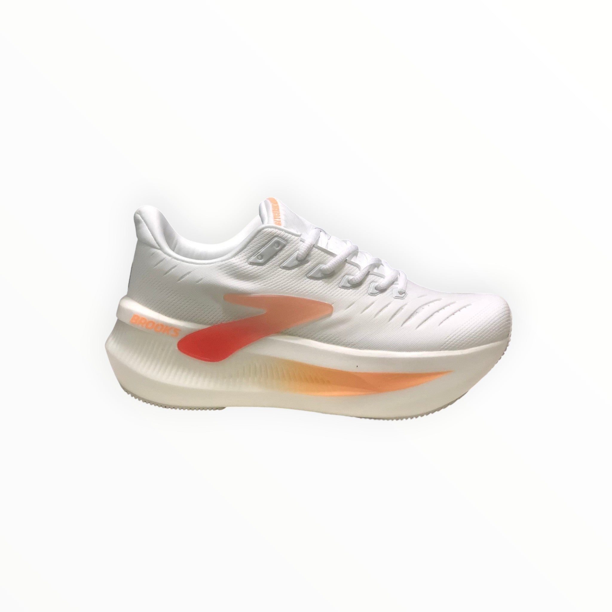 EWW Sports Shoes Men's Glycerin Max 2 white and orange running shoes with plush cushioning and GlideRoll™ Rocker.