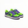 EWW Sports Shoes BAPE STA low-top sneakers in vibrant green and purple patent leather with a classic star logo.