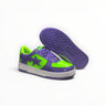 EWW Sports Shoes BAPE STA low-top sneakers in green and purple patent leather with a white midsole and star logo.