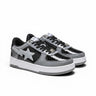 EWW Sports Shoes BAPE STA low-top sneakers in grey and black patent leather with signature star side panel design.