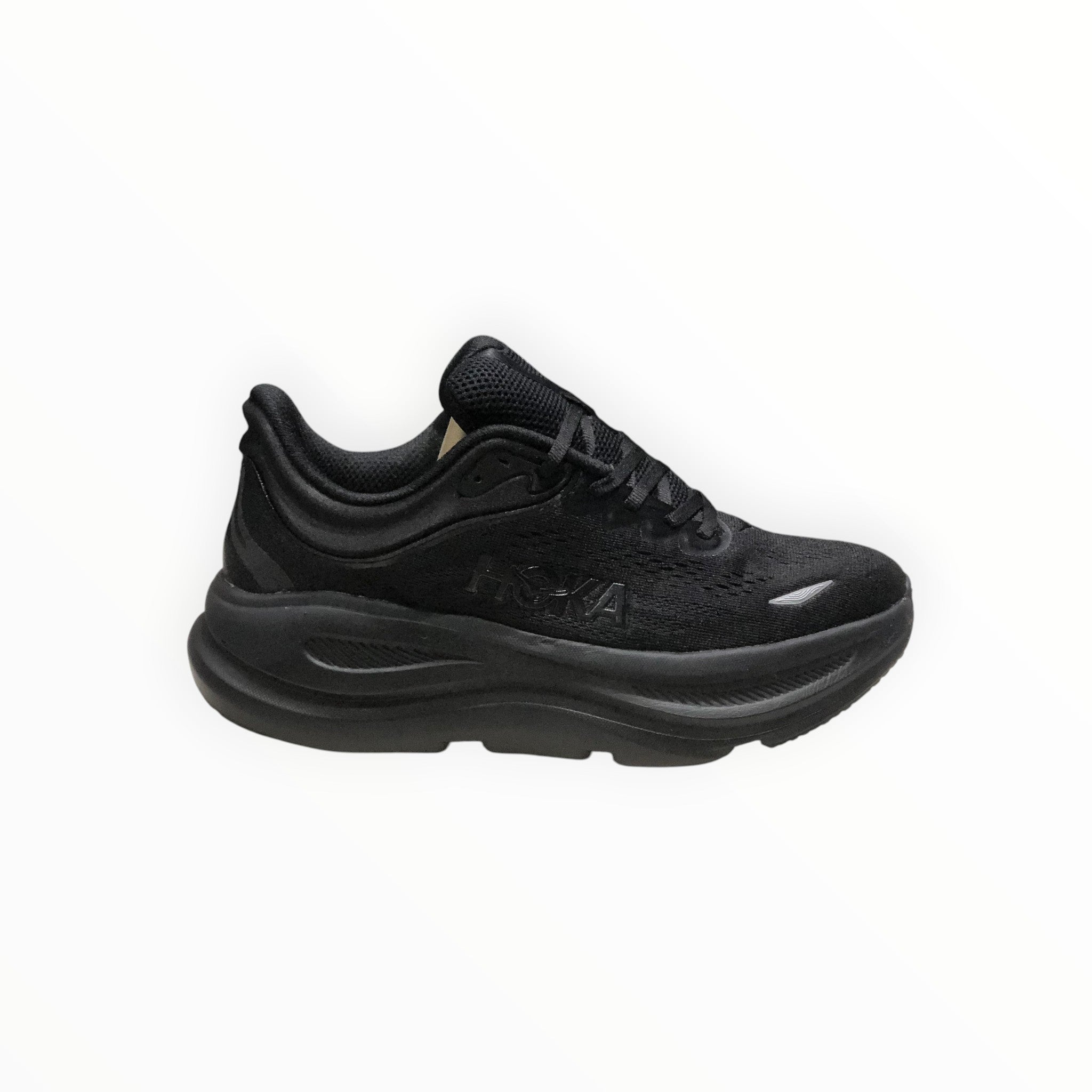 EWW Sports Shoes black Hoka Bondi 9 men's running shoe with engineered mesh upper and plush cushioning.