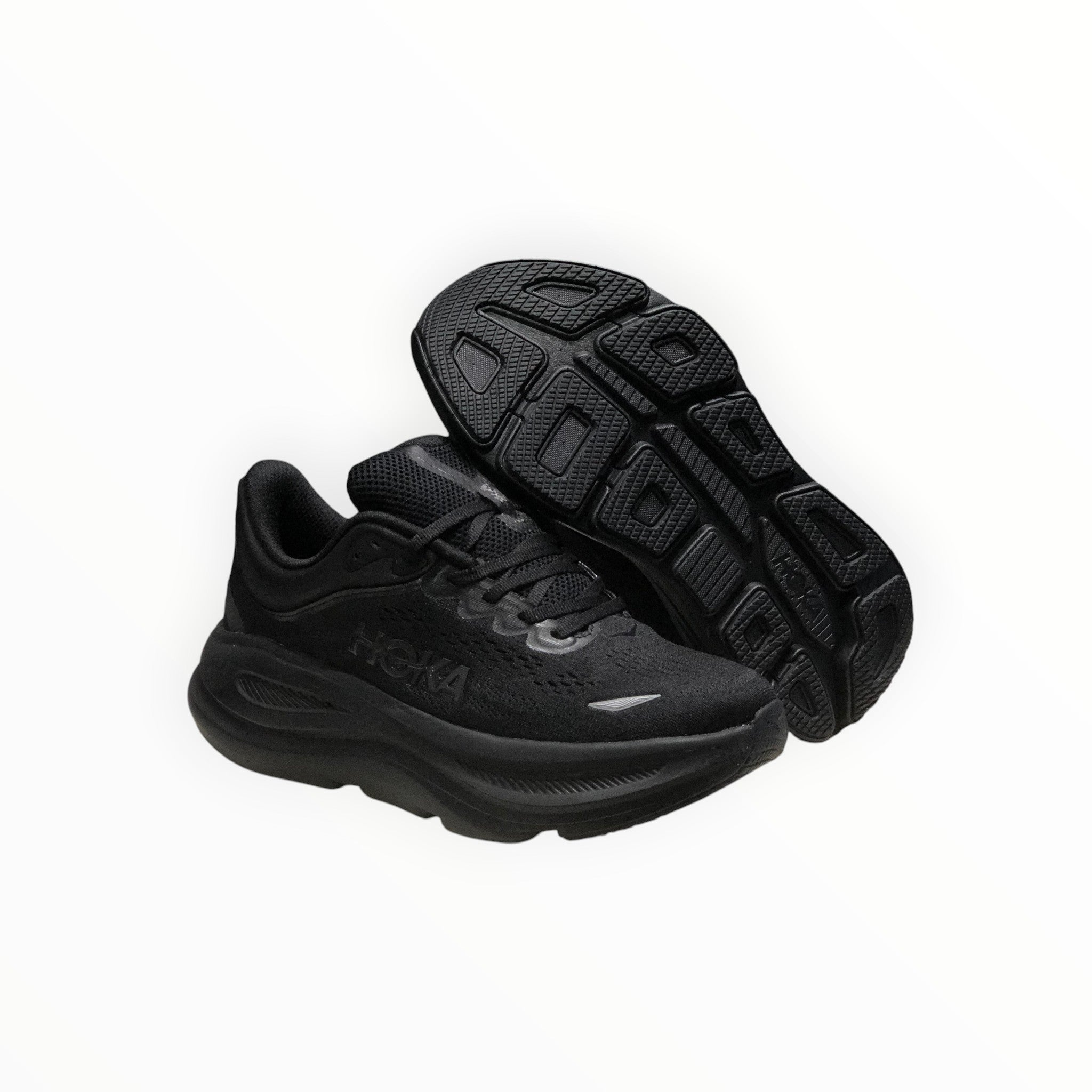 EWW Sports Shoes Hoka Bondi 9 men's black running shoes with maximum cushioning and engineered mesh upper.