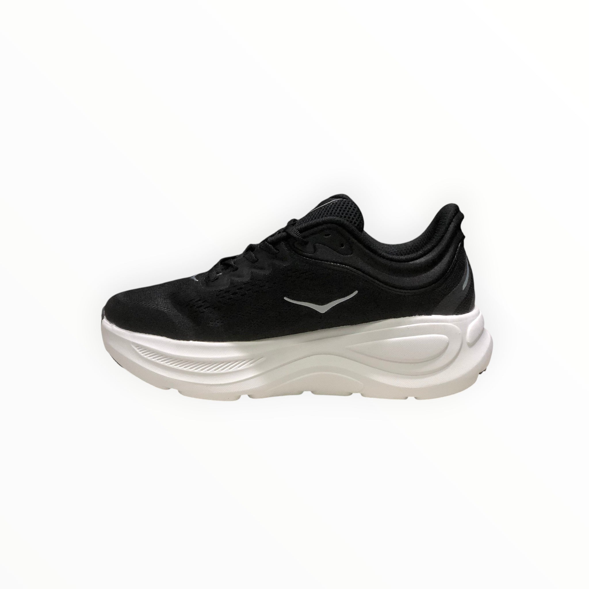 EWW Sports Shoes Men's Hoka Bondi 9 black and white running shoe with maximum cushioning and engineered mesh upper.