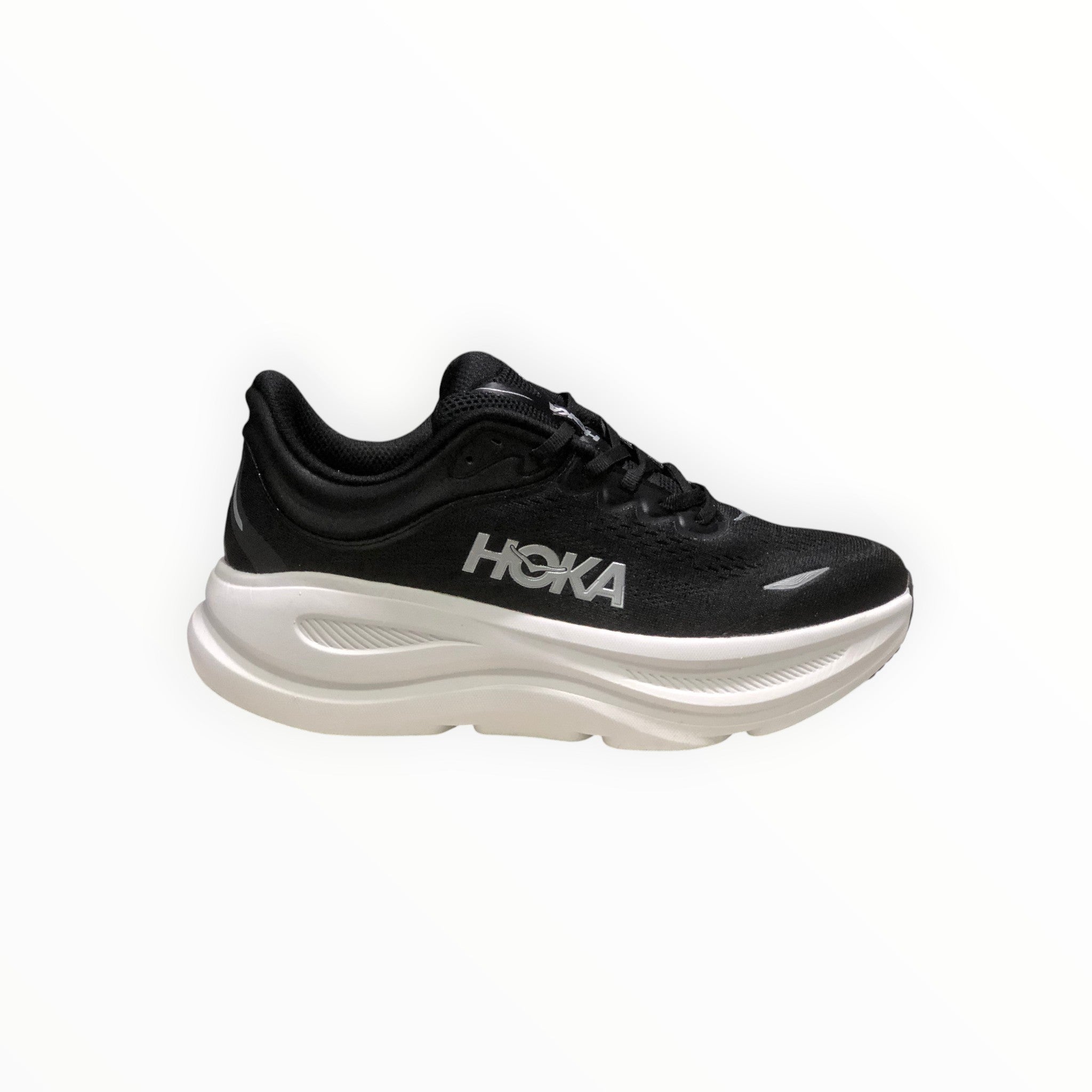 EWW Sports Shoes Men's Hoka Bondi 9 black and white running shoe with maximum cushioning and engineered mesh upper.