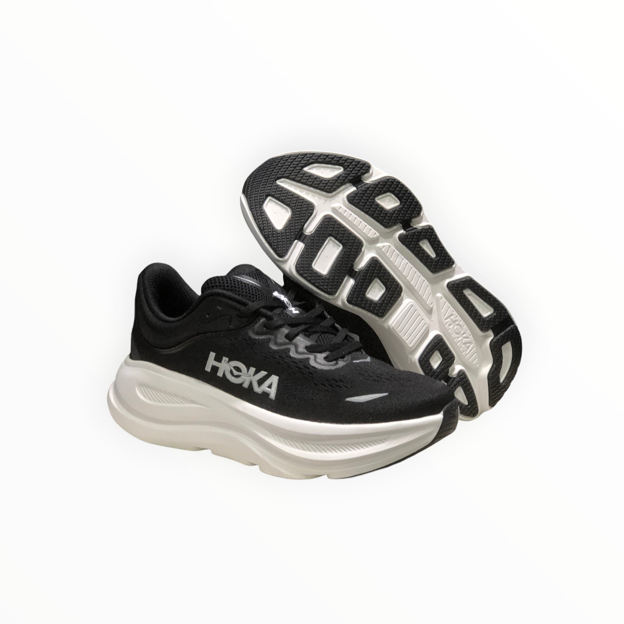 EWW Sports Shoes men's black and white Hoka Bondi 9 running shoes with maximum cushioning and engineered mesh upper.