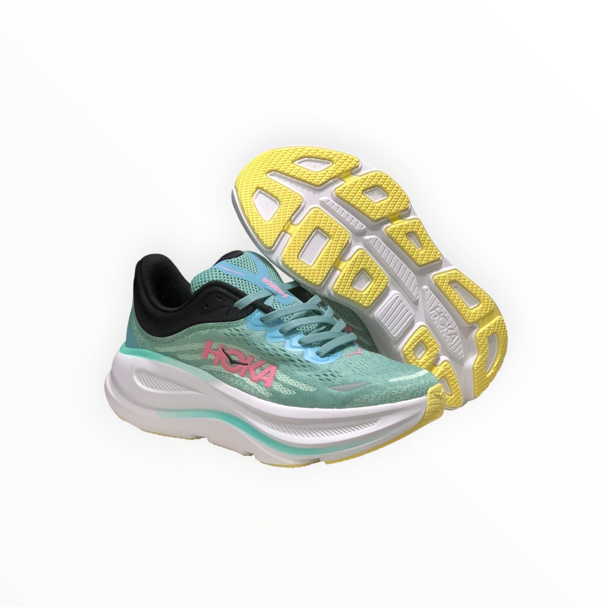 EWW Sports Shoes Hoka Bondi 9 men's running shoes in green and light blue with pink Hoka logo and yellow sole.