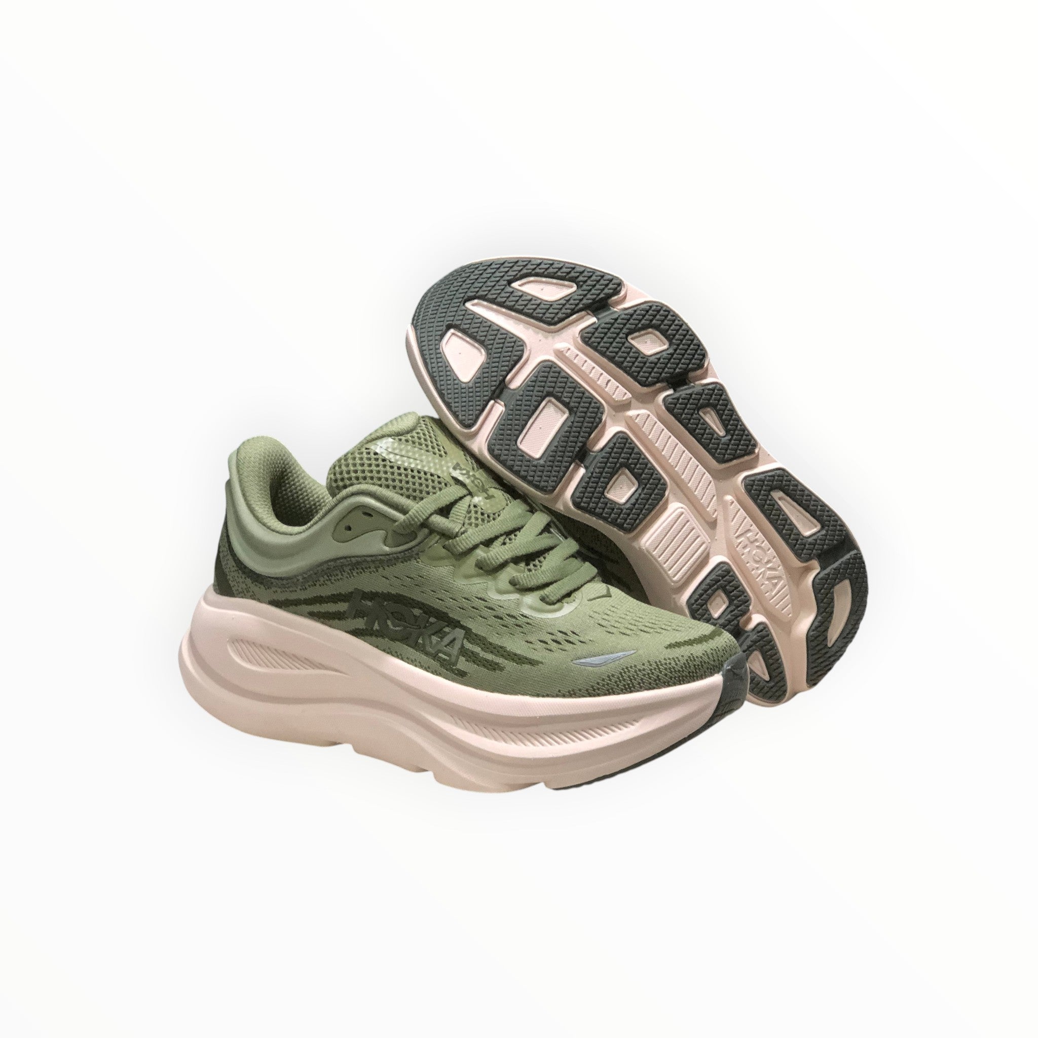 EWW Sports Shoes Hoka Bondi 9 men's green engineered mesh running shoes with plush cushioning and pink sole.