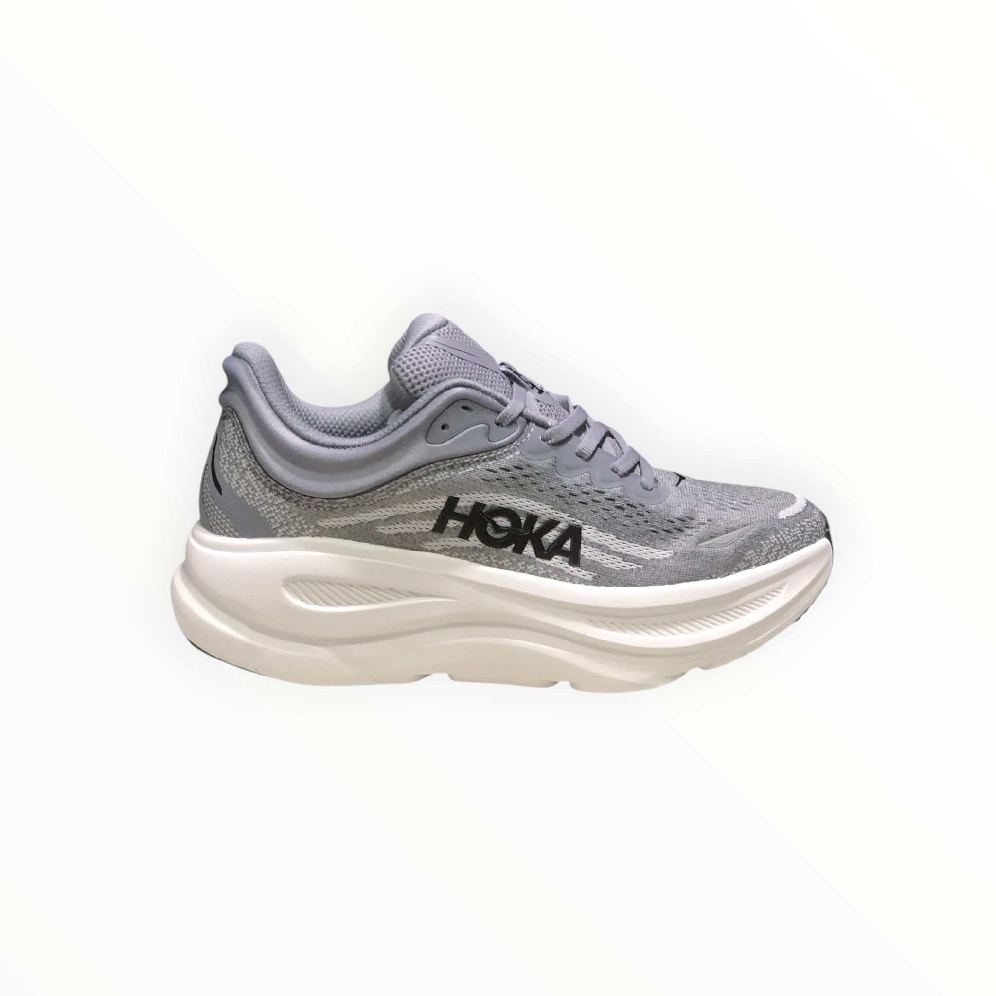 EWW Sports Shoes Hoka Bondi 9 men's grey engineered mesh running shoe with plush cushioning and white midsole.