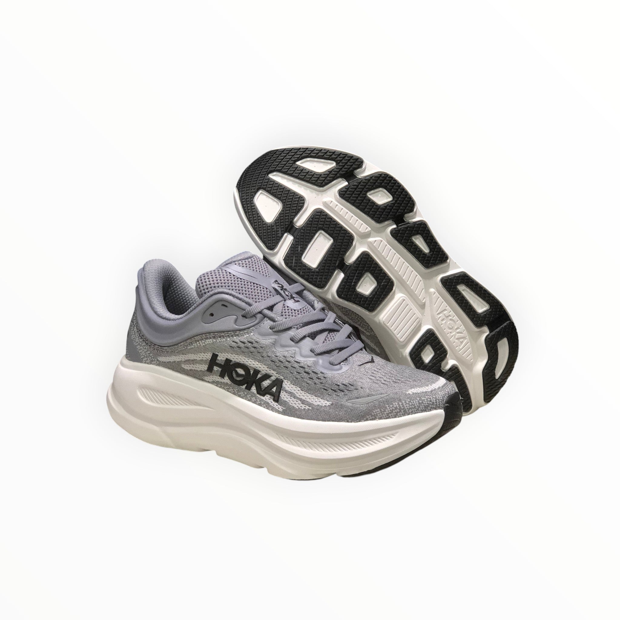 EWW Sports Shoes Hoka Bondi 9 men's grey engineered mesh running shoes with maximum cushioning and white EVA midsole.