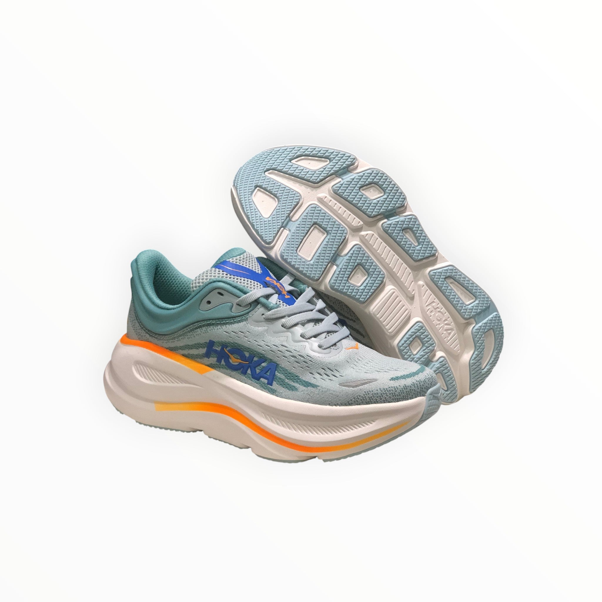 EWW Sports Shoes Hoka Bondi 9 men's light blue and orange running shoes with maximum cushioning and engineered mesh upper.