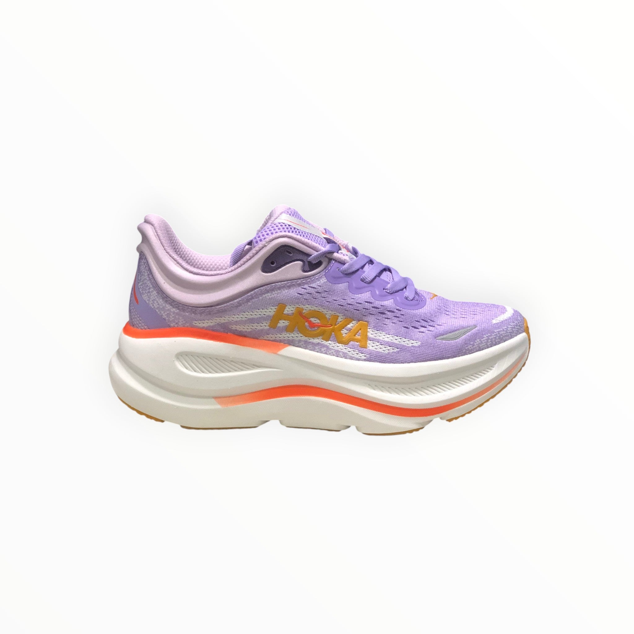EWW Sports Shoes Hoka Bondi 9 men's purple running shoe with white and orange accents, engineered mesh upper, and plush cushioning.