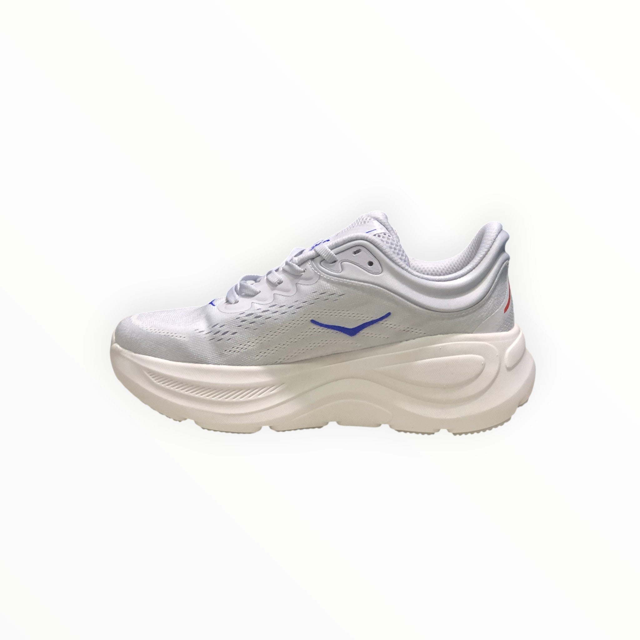 EWW Sports Shoes Men's Hoka Bondi 9 white and blue running shoe with maximum cushioning and engineered mesh upper.