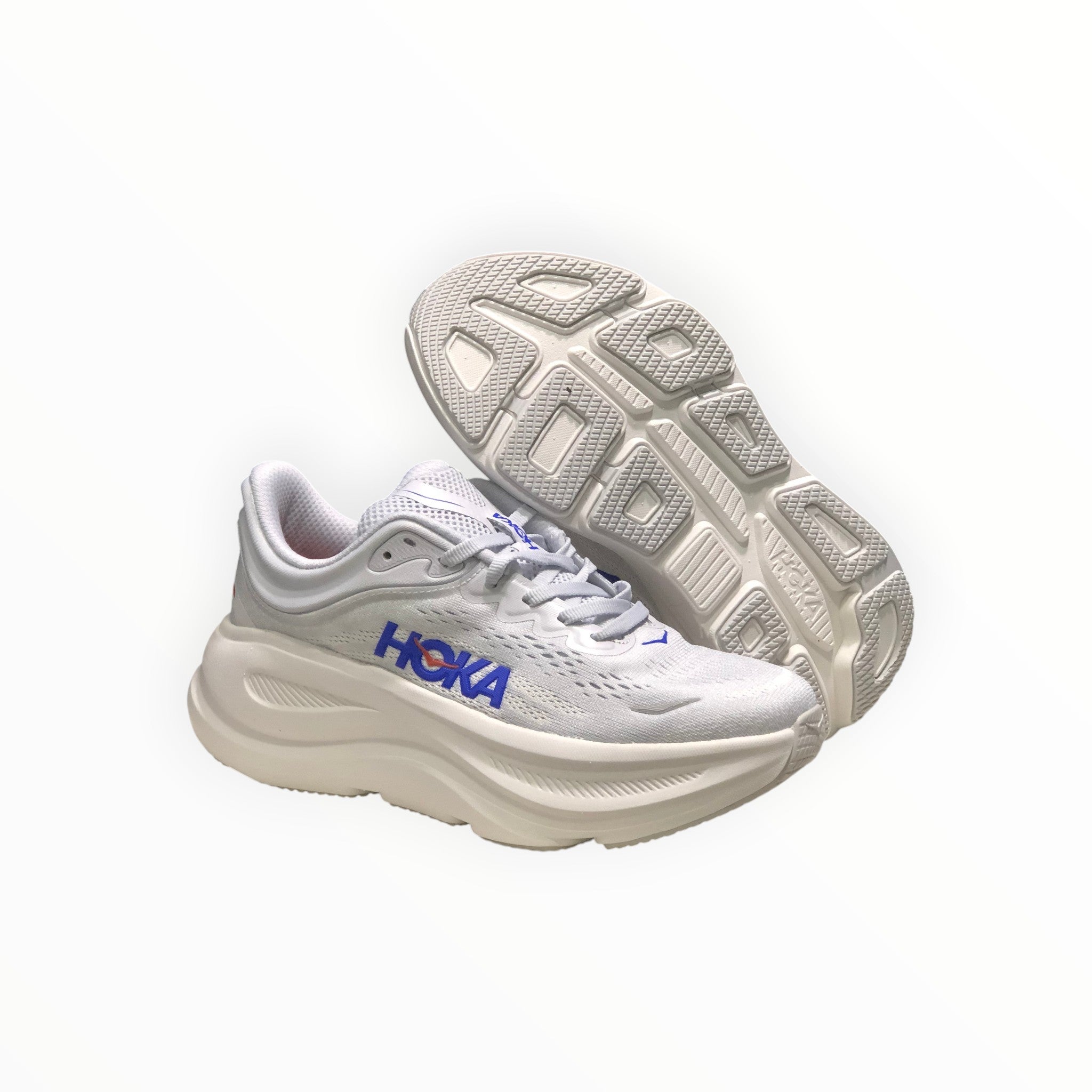EWW Sports Shoes men's white and blue Hoka Bondi 9 running shoes with plush cushioning and engineered mesh upper.