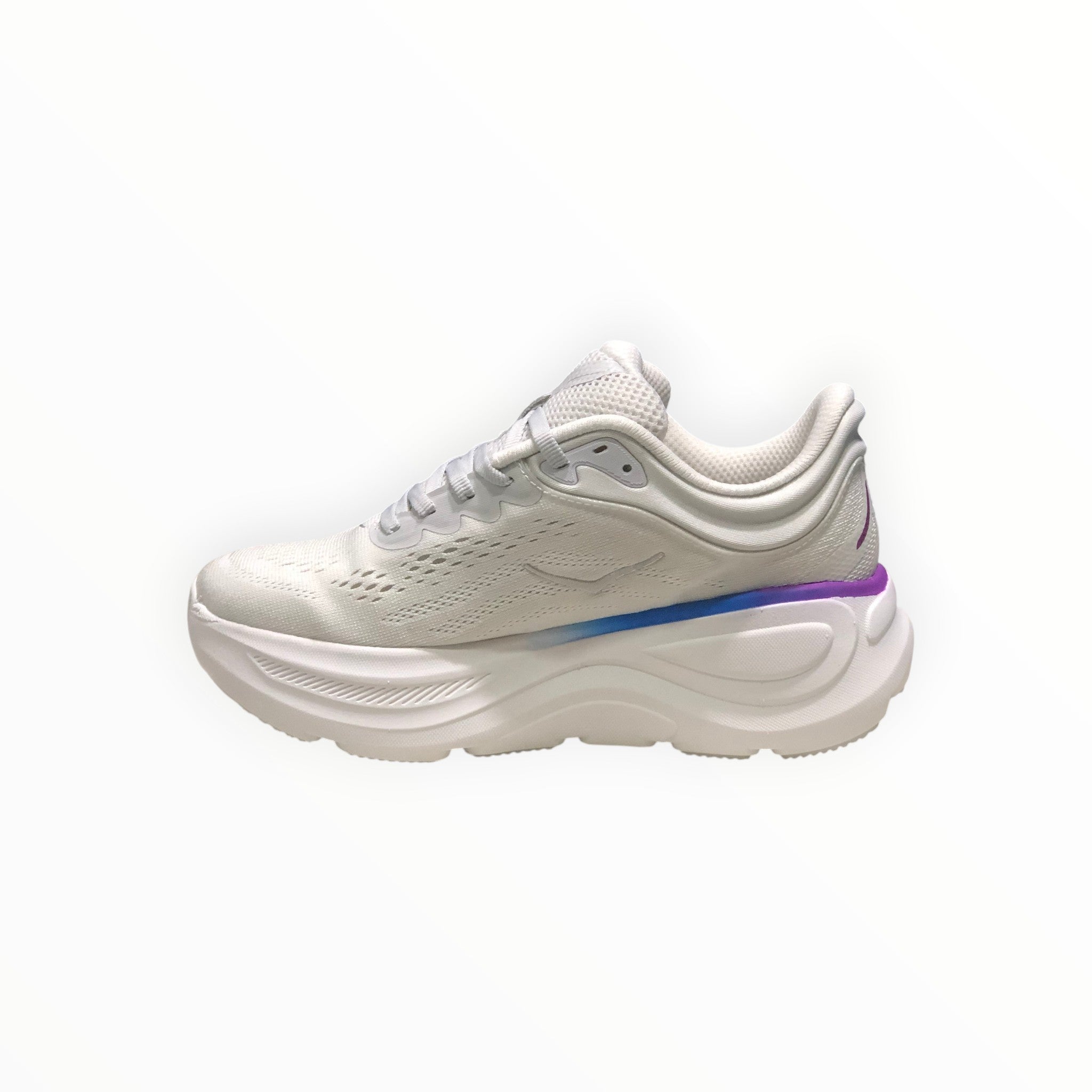 EWW Sports Shoes Hoka Bondi 9 men's white mesh running shoe with purple and blue gradient detail on the midsole.