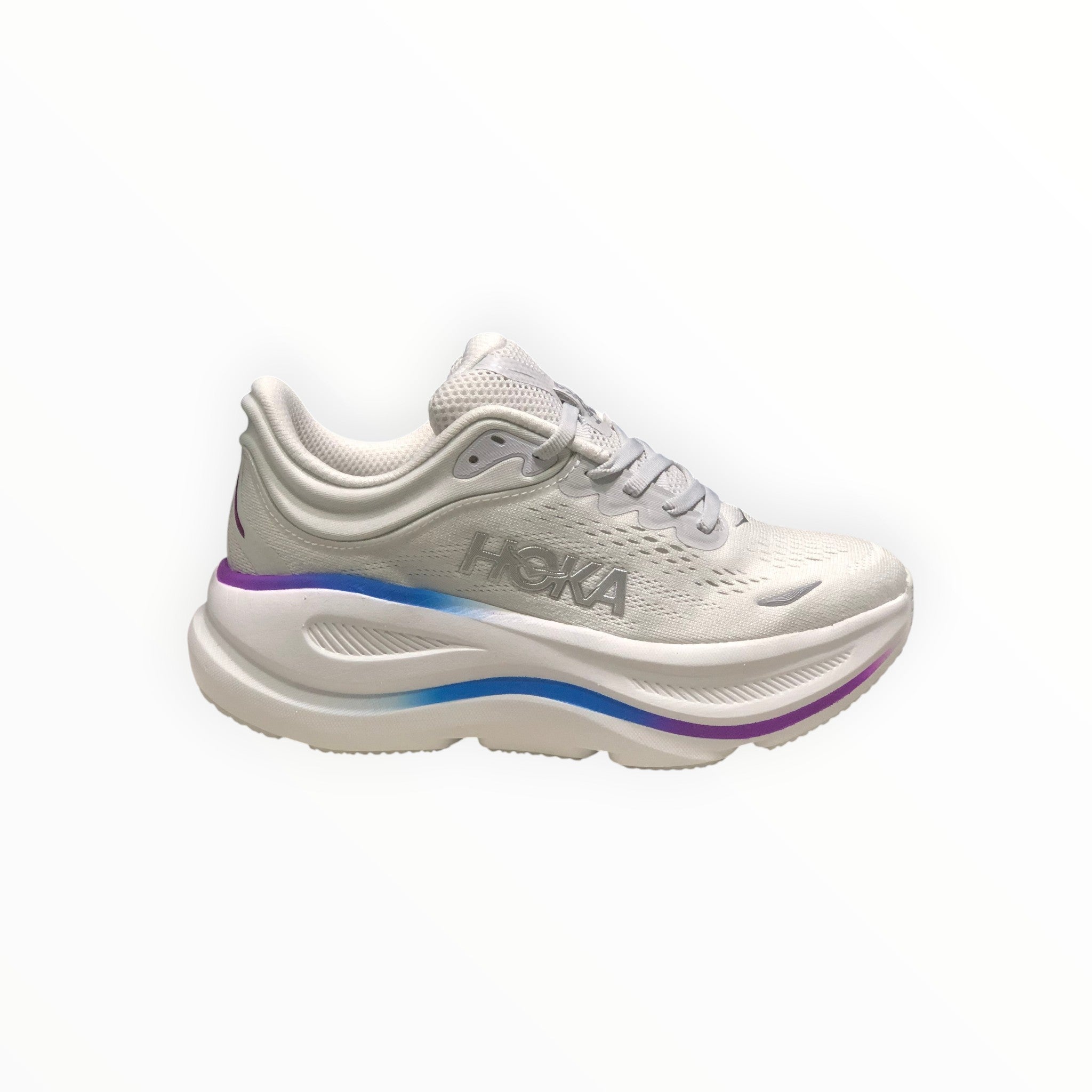 EWW Sports Shoes Hoka Bondi 9 men's white mesh running shoe with purple and blue accents on the sole.