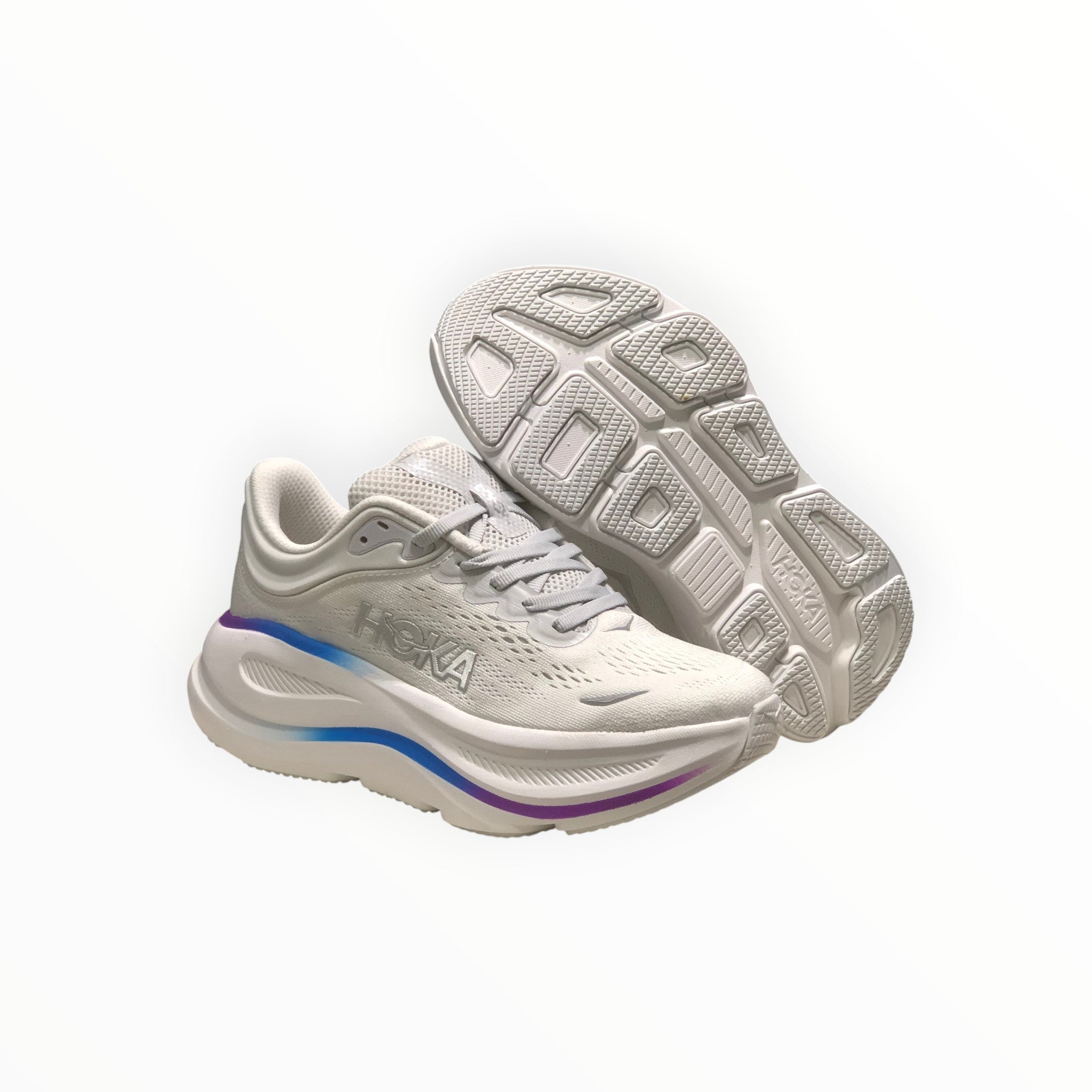 EWW Sports Shoes Hoka Bondi 9 men's white mesh running shoes with purple and blue accents on the sole.
