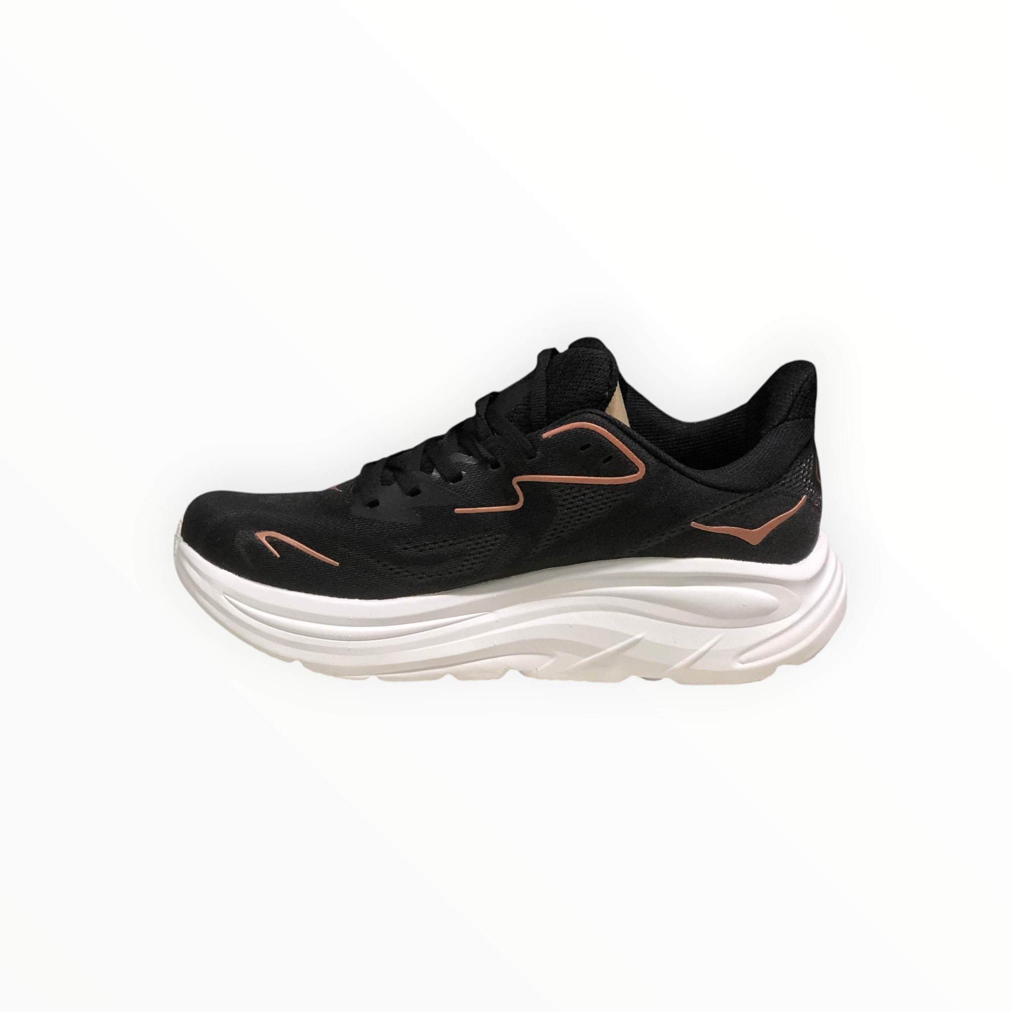 EWW Sports Shoes Men's Hoka Clifton 10 black running shoe with white midsole and brown accents.