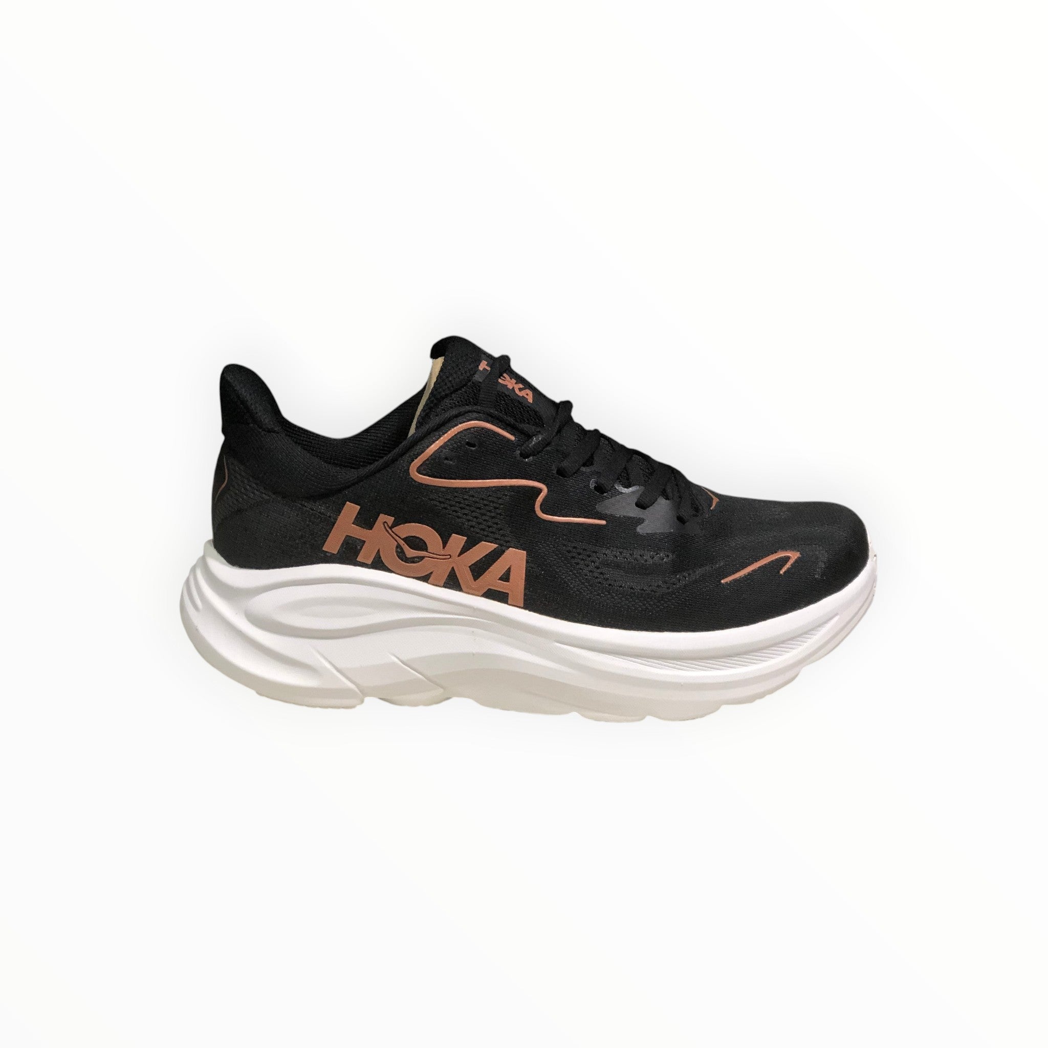 EWW Sports Shoes men's black and brown Hoka Clifton 10 running shoes with breathable mesh upper and white cushioned sole.