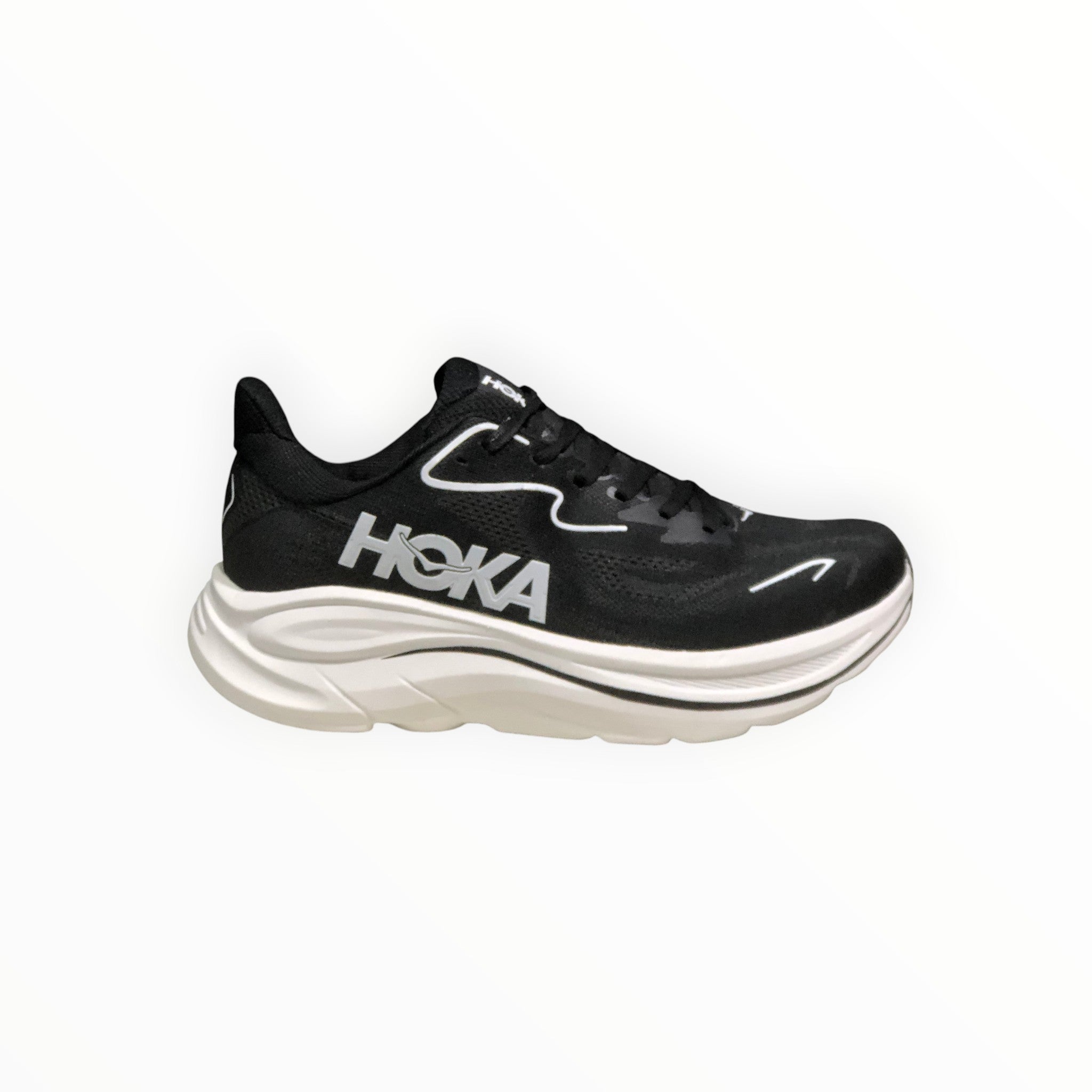 EWW Sports Shoes Men's Hoka Clifton 10 black and white running shoe with breathable mesh upper and cushioned sole.