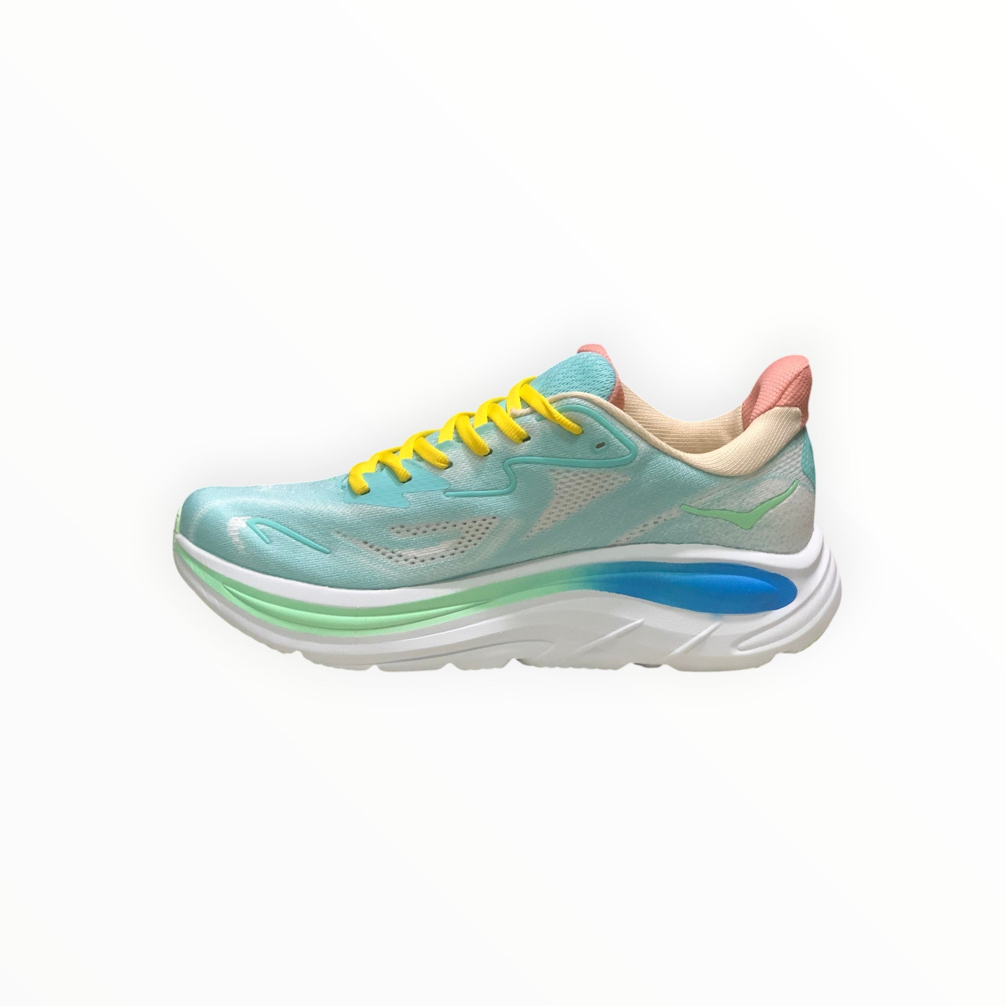 EWW Sports Shoes Hoka Clifton 10 men's running shoe in blue, green, and yellow with breathable mesh upper and signature cushioning.