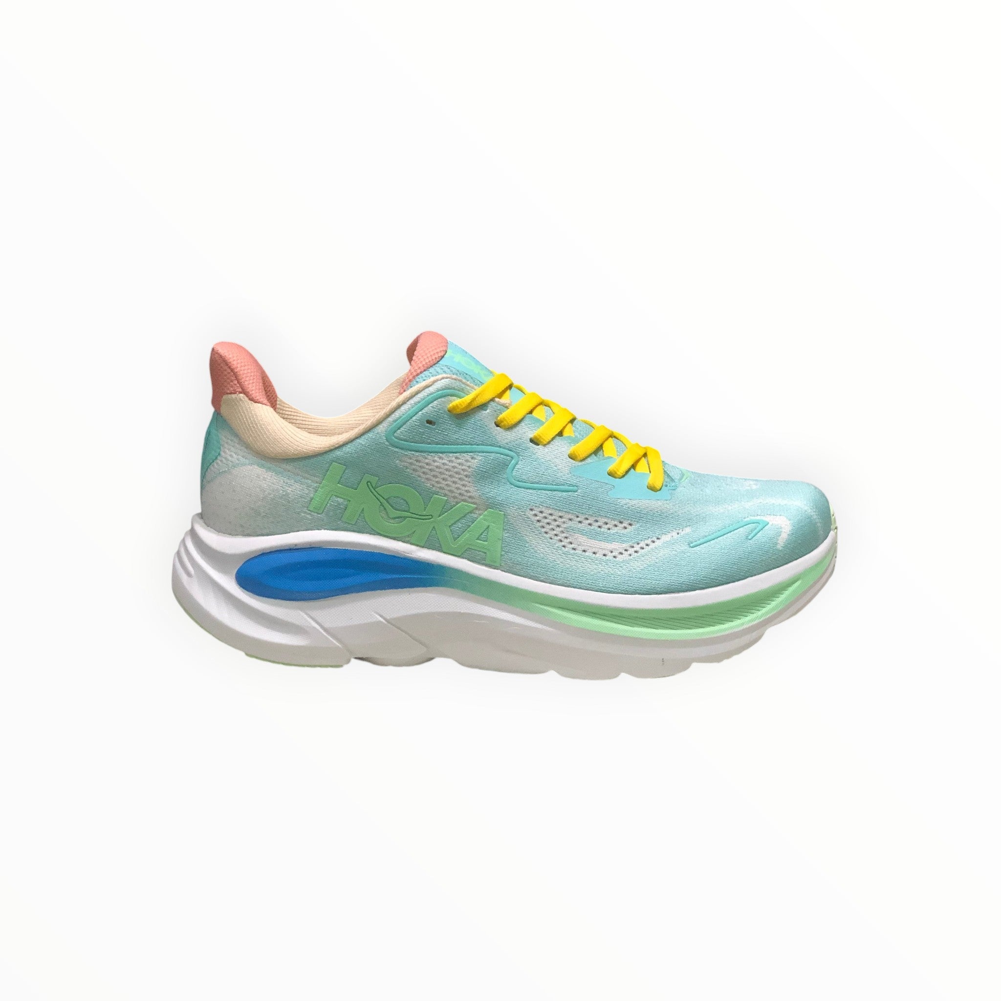 EWW Sports Shoes men's Hoka Clifton 10 running shoe in blue, green, and yellow with breathable mesh upper and plush cushioning.