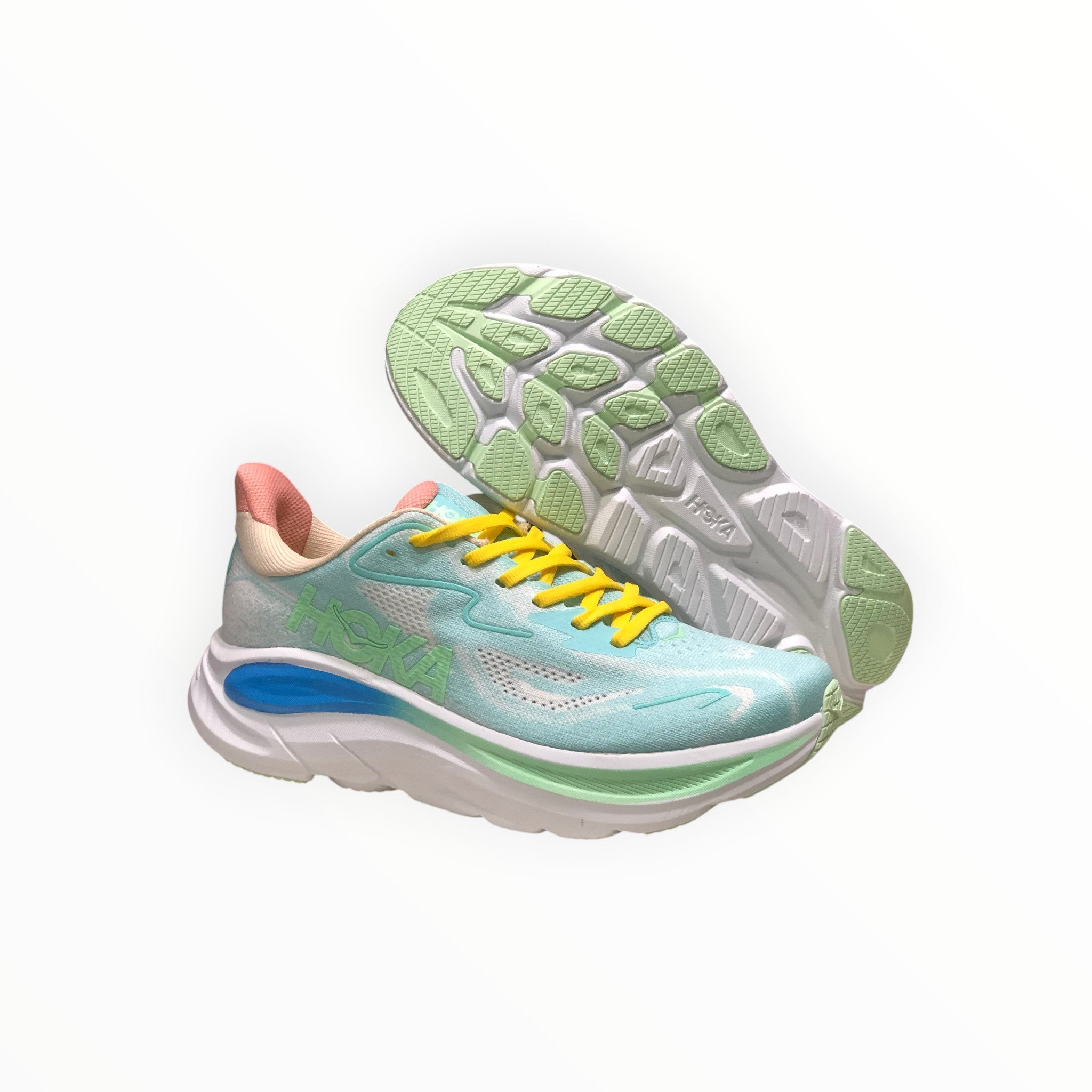 EWW Sports Shoes Men's Hoka Clifton 10 running shoes in blue, green, and yellow with breathable mesh upper and signature cushioning.