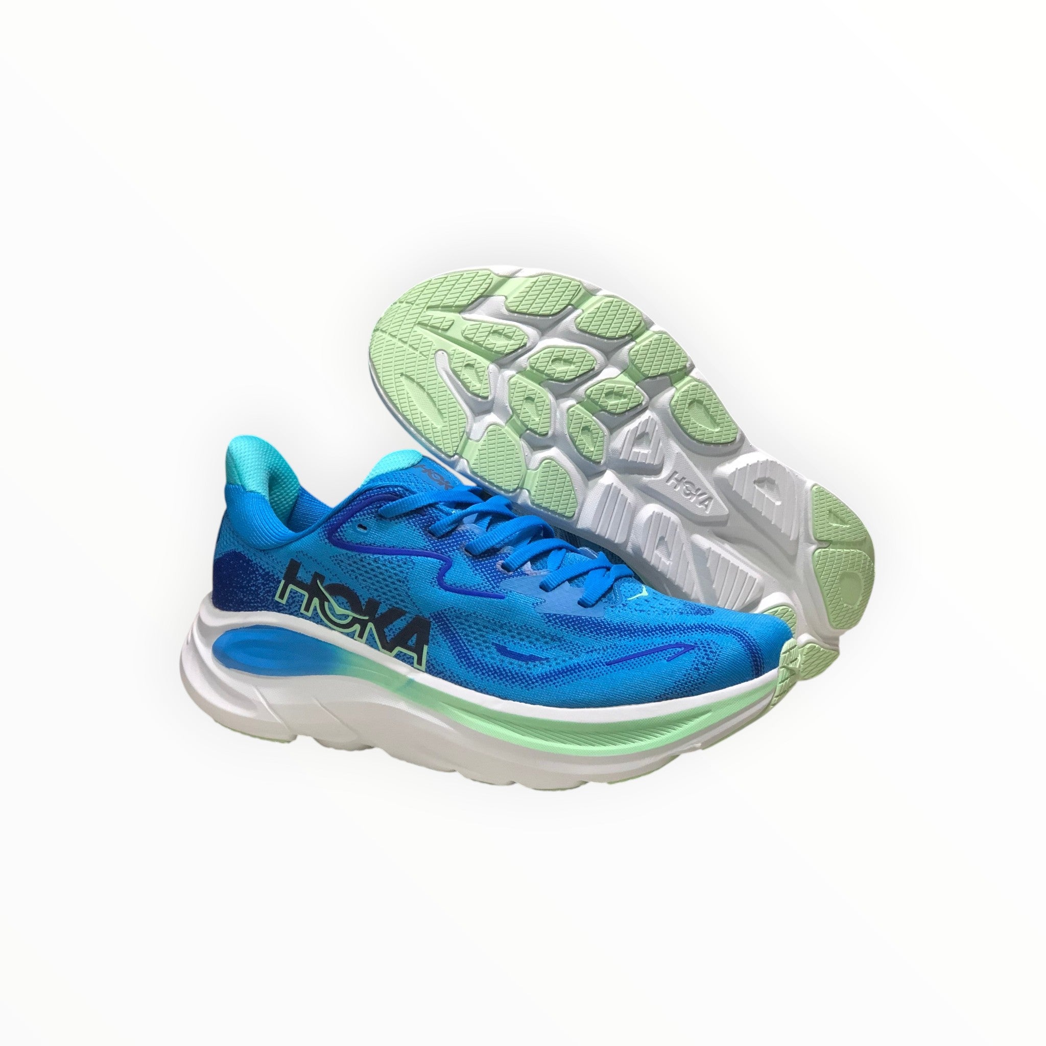EWW Sports Shoes Men's Hoka Clifton 10 running shoes in blue with white and light green accents. Breathable mesh upper and cushioned sole.