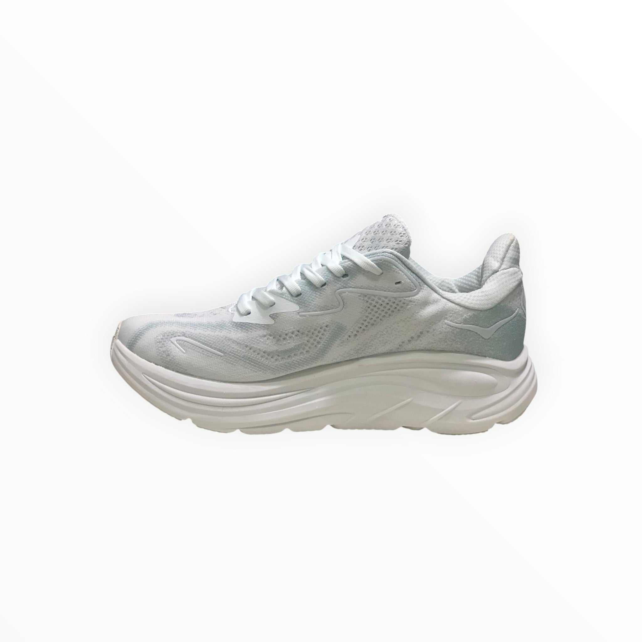 EWW Sports Shoes Men's Hoka Clifton 10 running shoe in blue and white, with breathable mesh upper and plush cushioning.