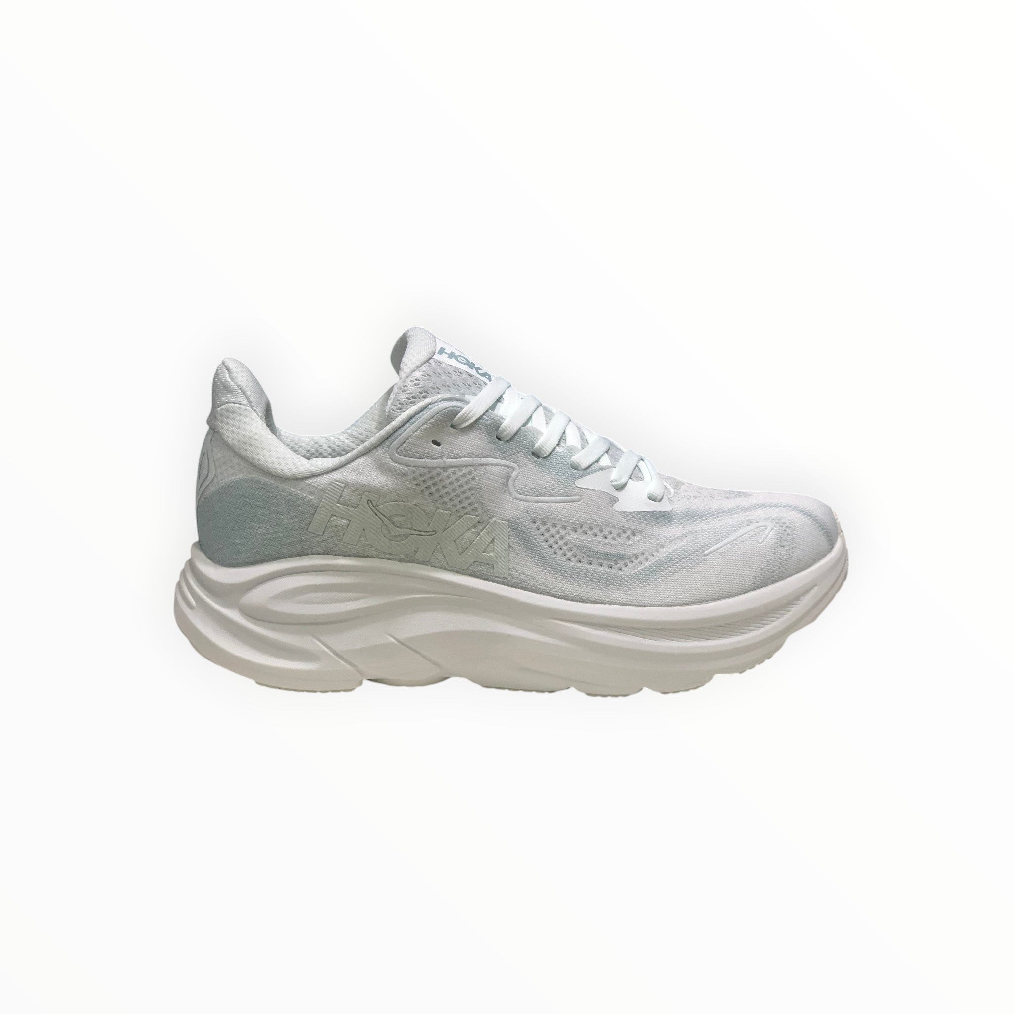 EWW Sports Shoes Men's Hoka Clifton 10 running shoes in blue and white with breathable mesh upper and signature cushioning.