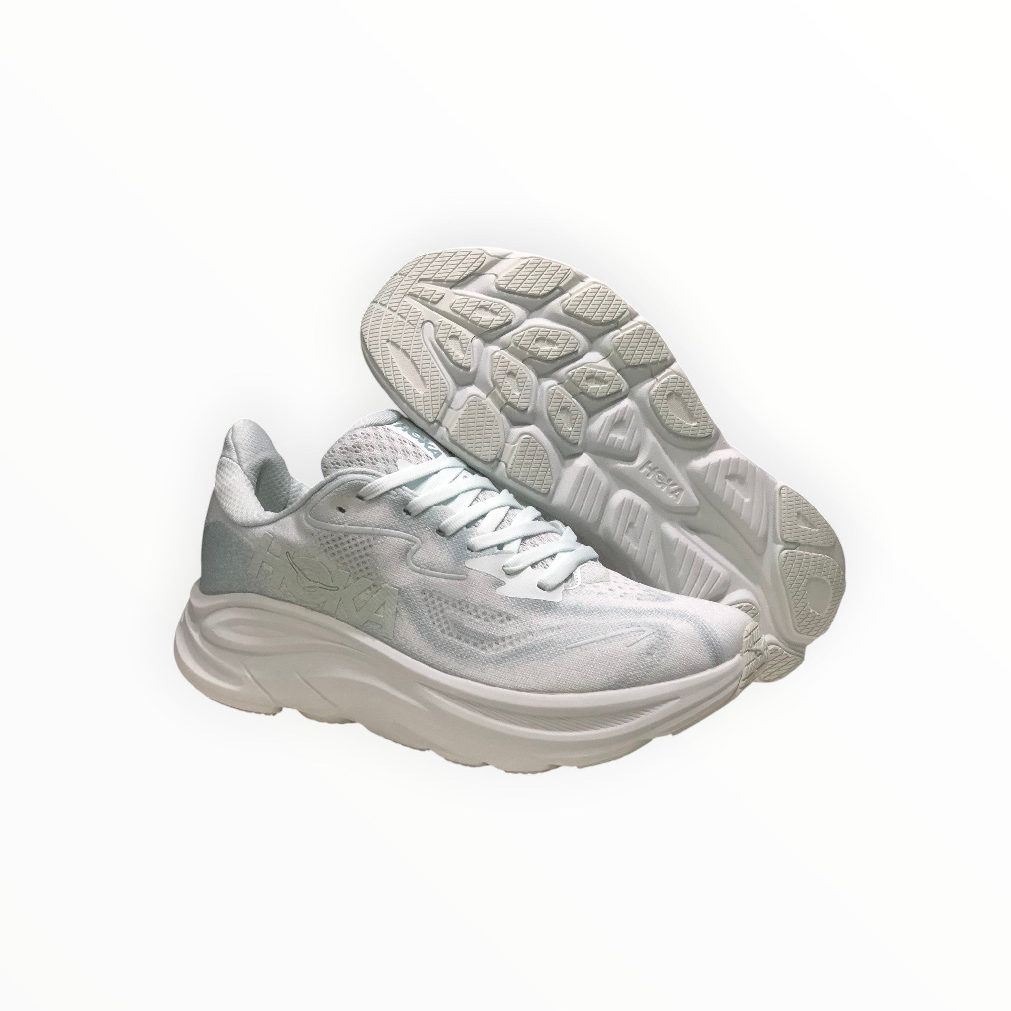 EWW Sports Shoes Men's Hoka Clifton 10 running shoes in blue and white with breathable mesh upper and signature cushioning.
