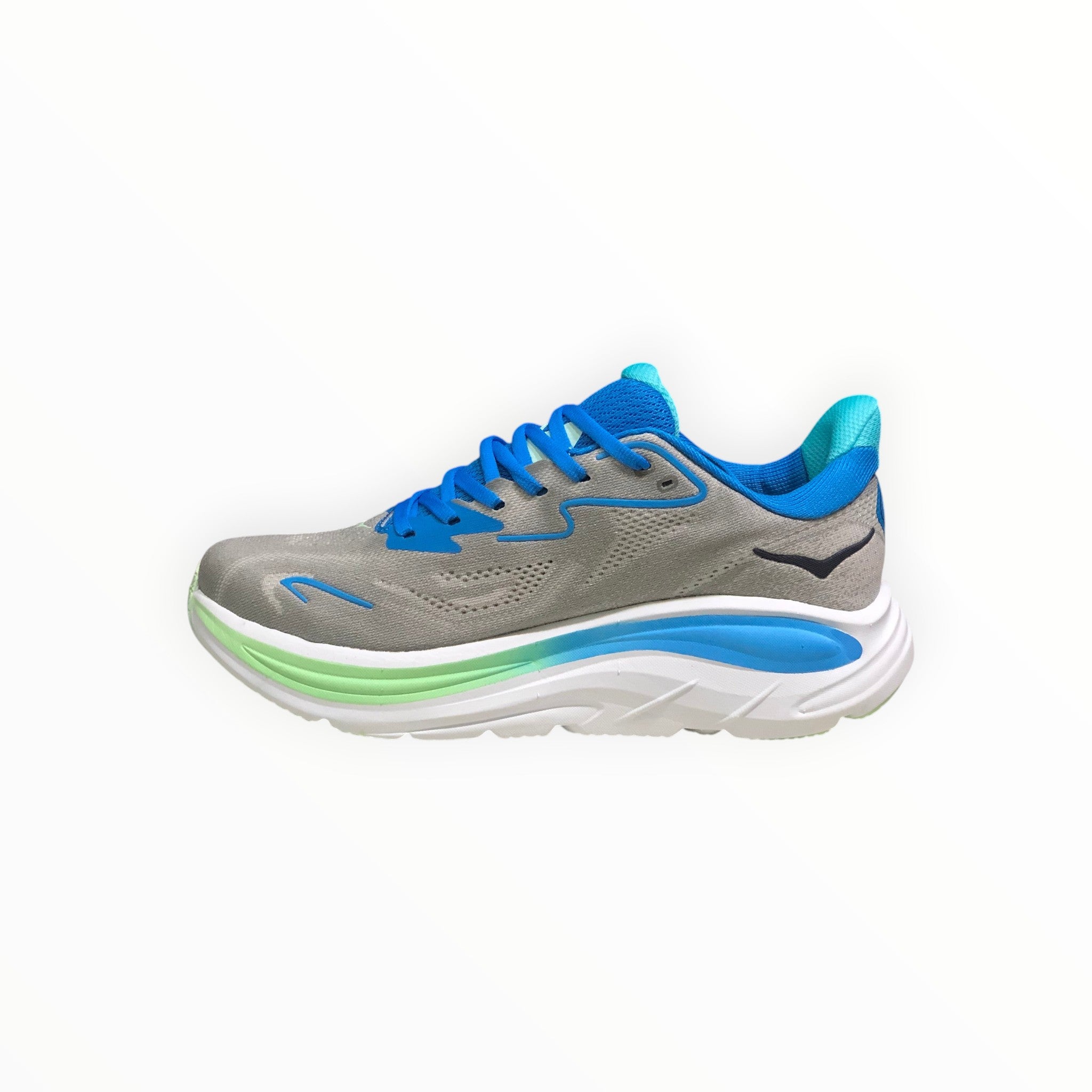 EWW Sports Shoes Men's Hoka Clifton 10 grey mesh running shoe with blue accents and a gradient midsole.