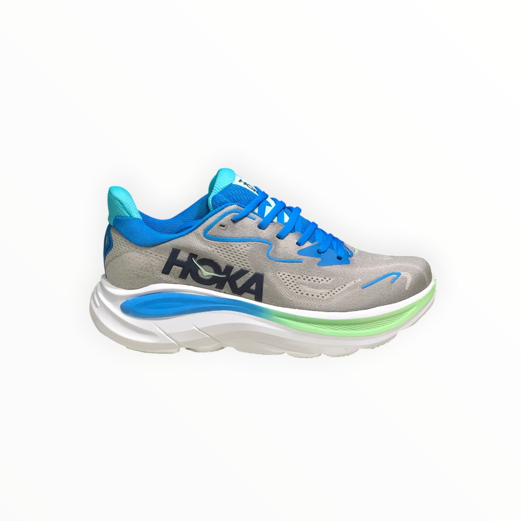 EWW Sports Shoes Men's Hoka Clifton 10 grey and blue running shoe with breathable mesh upper and cushioned sole.
