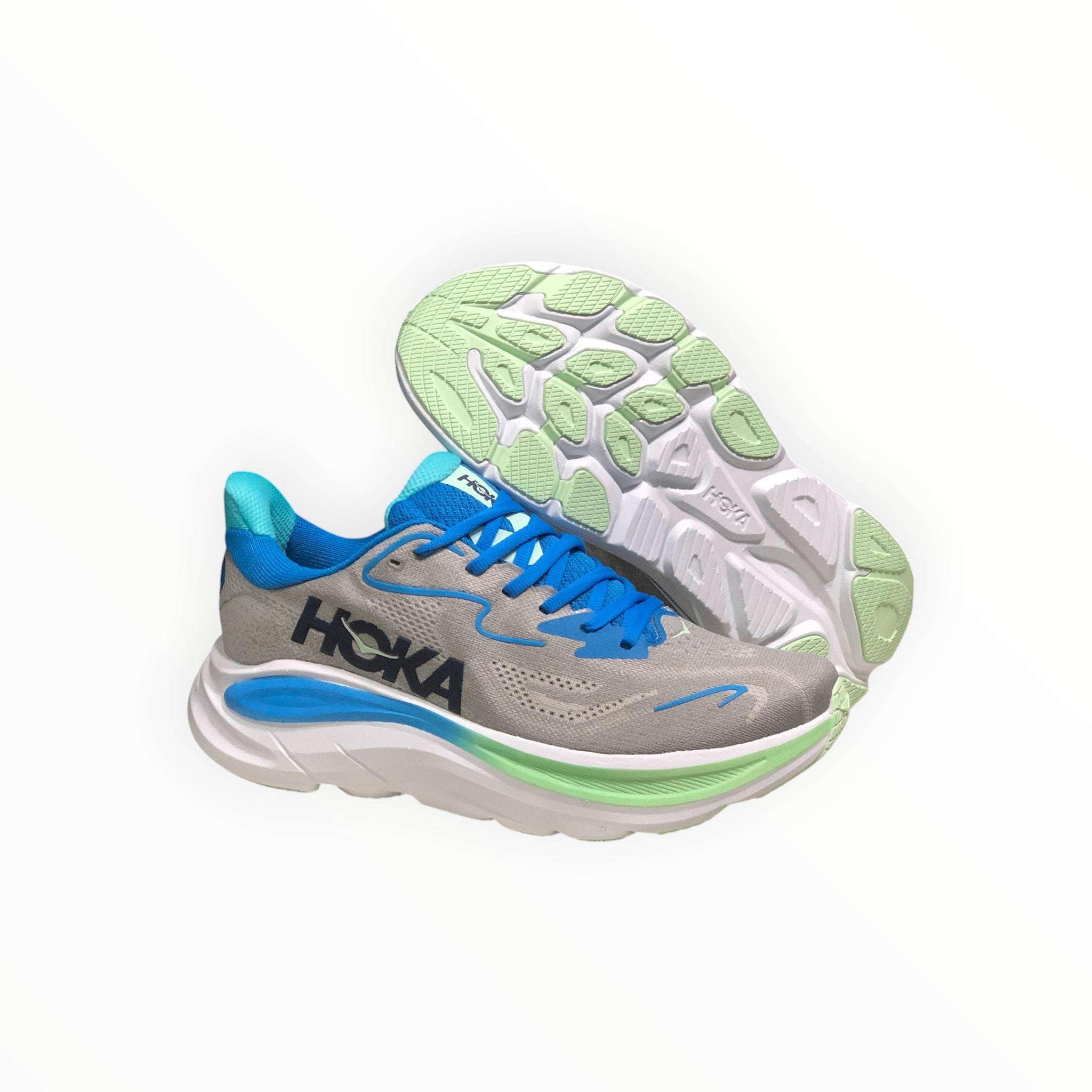 EWW Sports Shoes Men's Hoka Clifton 10 grey and blue running shoes with breathable mesh upper and cushioned sole.