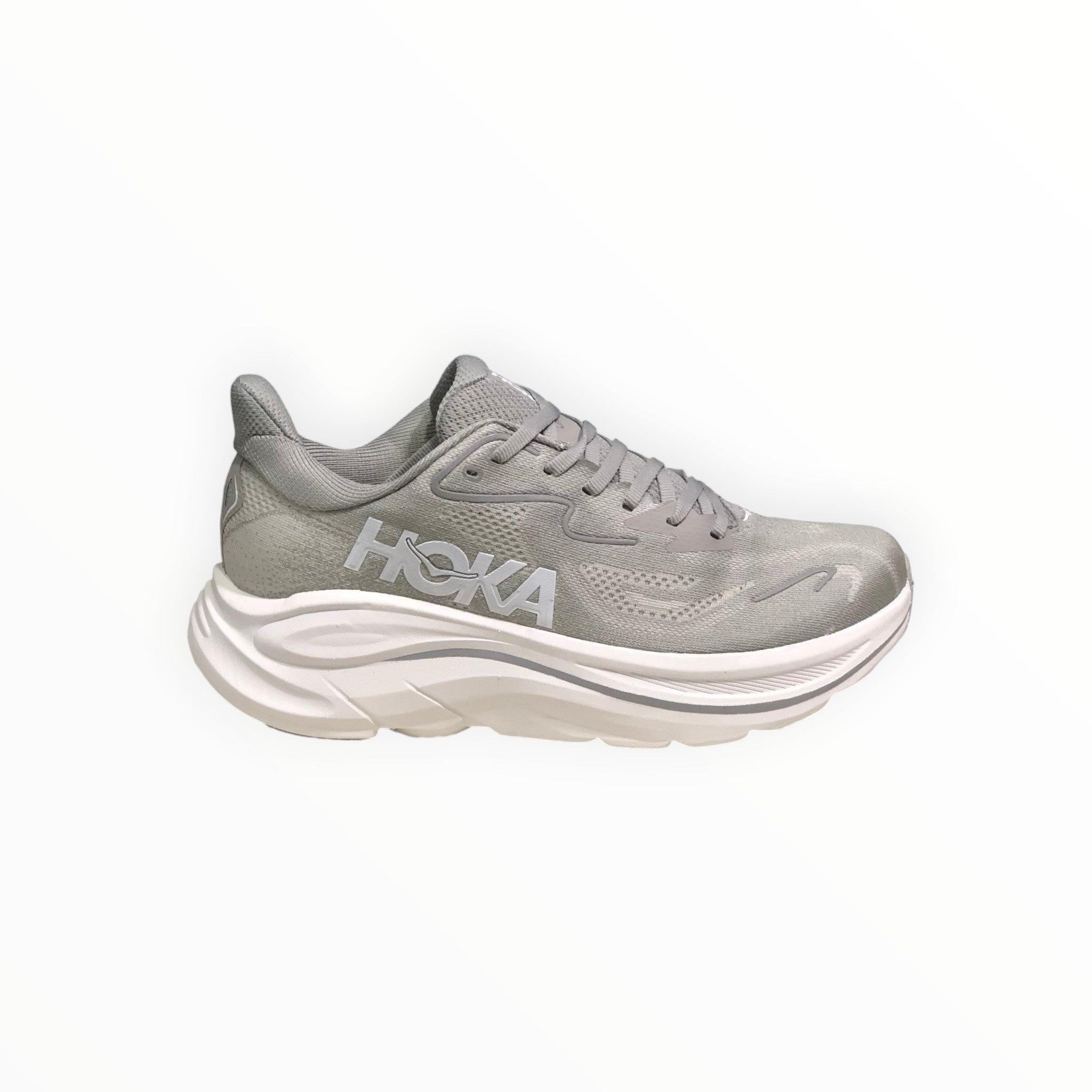 EWW Sports Shoes Men's Hoka Clifton 10 grey running shoe with breathable mesh upper and white cushioned sole.