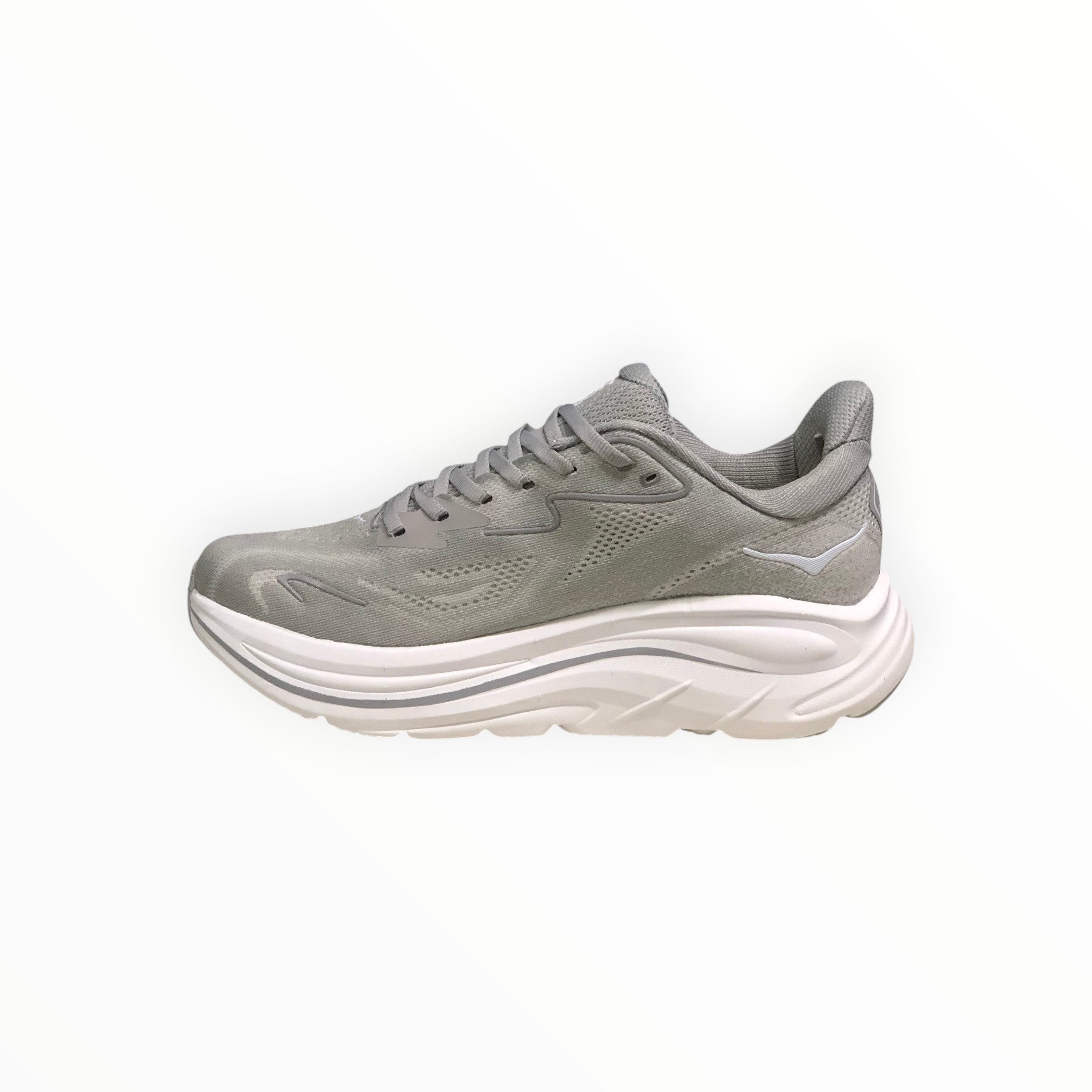 EWW Sports Shoes Men's Hoka Clifton 10 grey running shoe with breathable mesh upper and thick white cushioned sole.