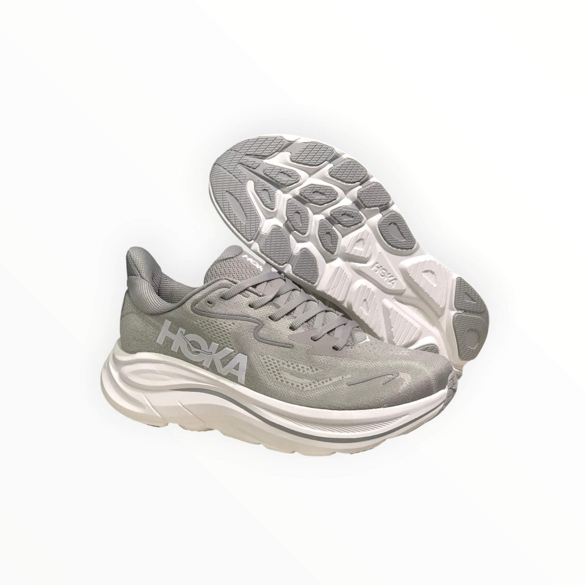 EWW Sports Shoes Men's Hoka Clifton 10 grey running shoes with breathable mesh upper and plush cushioning.
