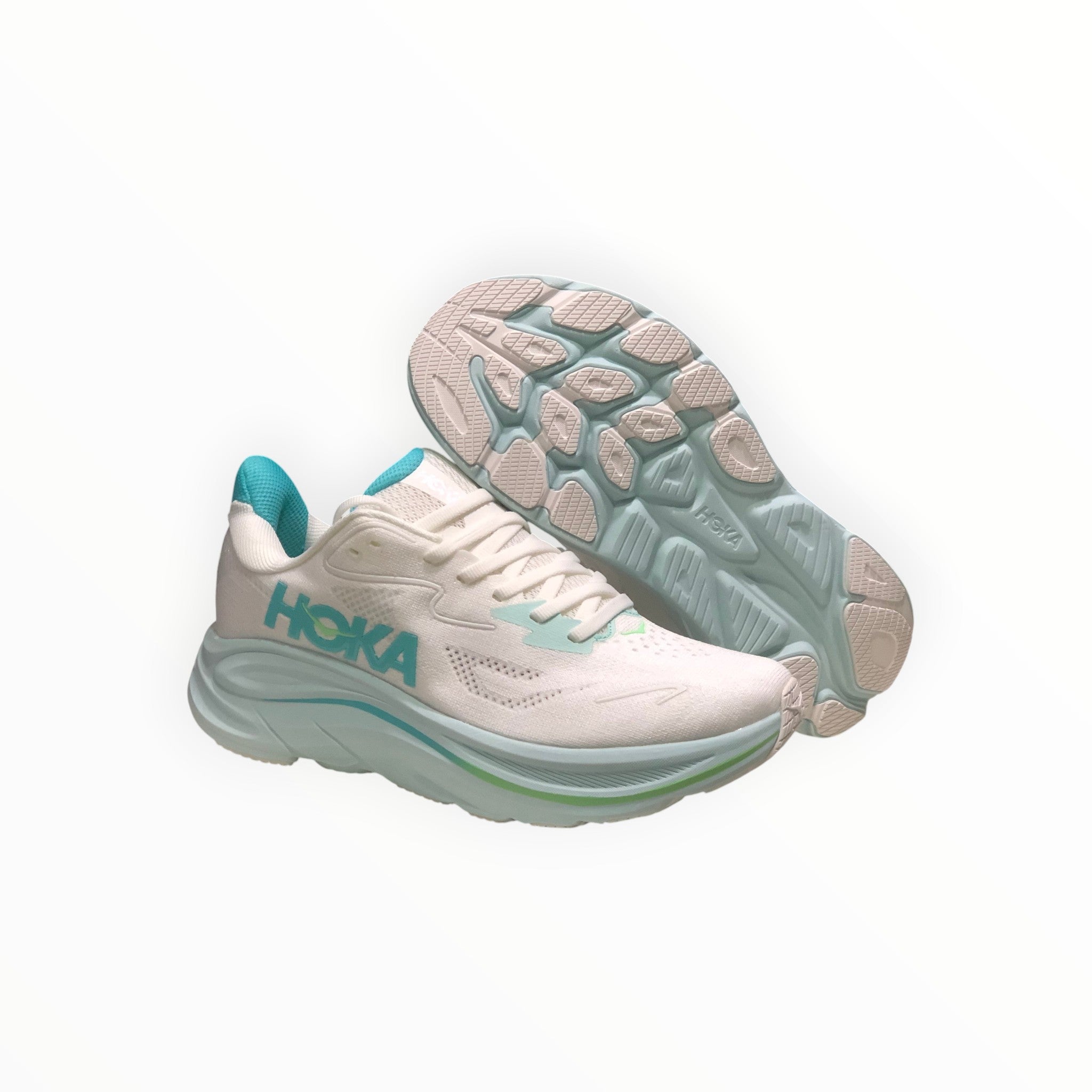 EWW Sports Shoes Men's Hoka Clifton 10 running shoes in light blue and white with breathable mesh upper and plush cushioning.