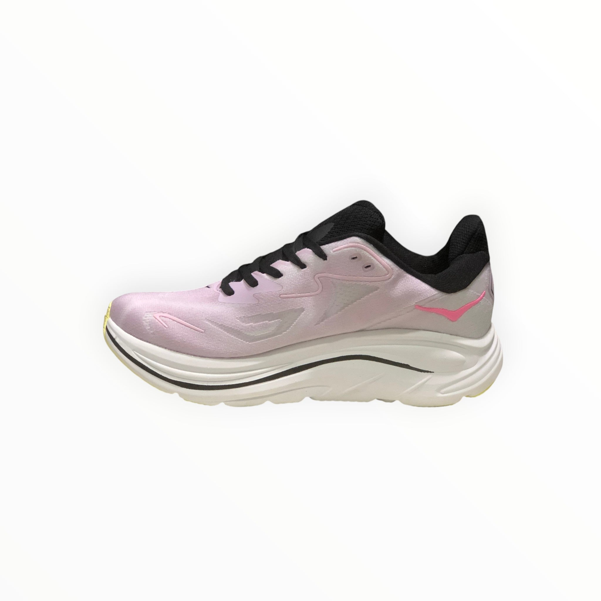 EWW Sports Shoes Men's Hoka Clifton 10 running shoe in pink and black with breathable mesh upper and signature cushioning.