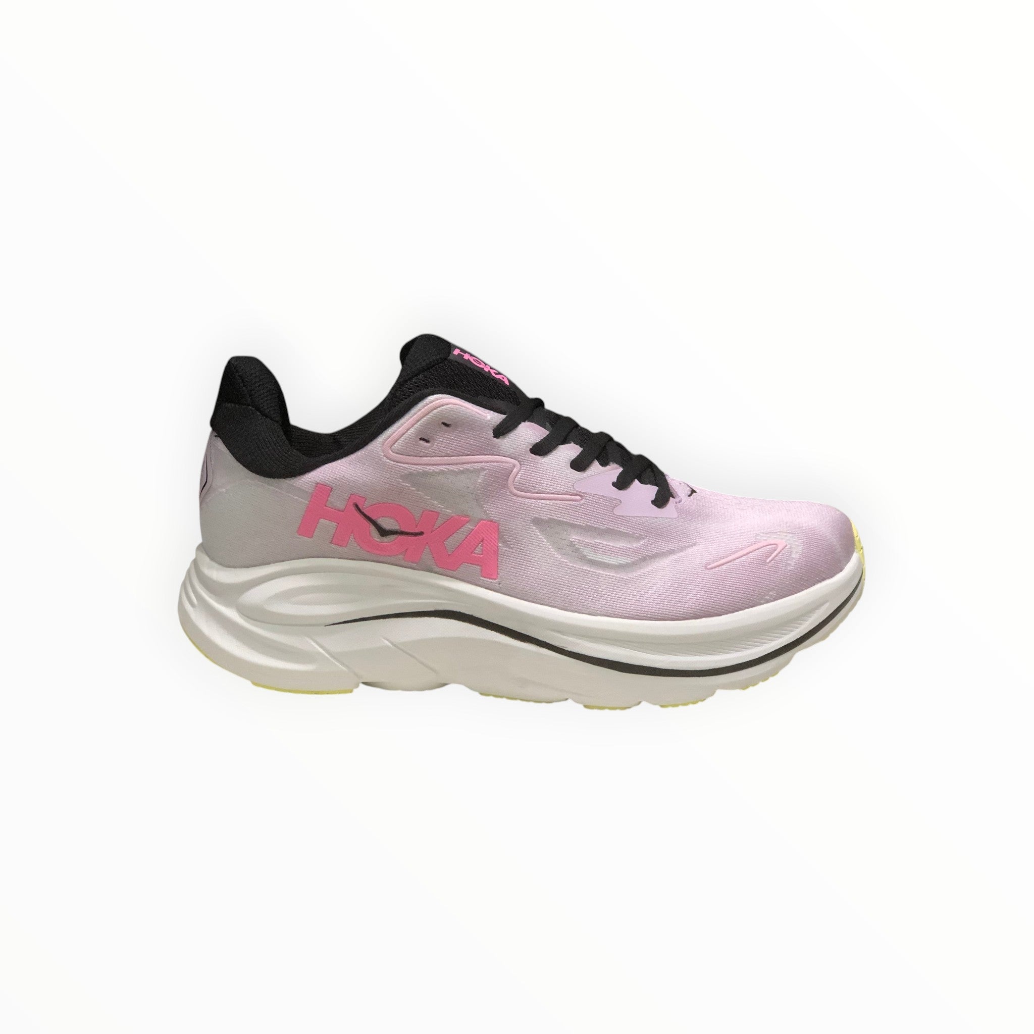 EWW Sports Shoes Men's Hoka Clifton 10 running shoe in pink and black with breathable mesh upper and signature cushioning.