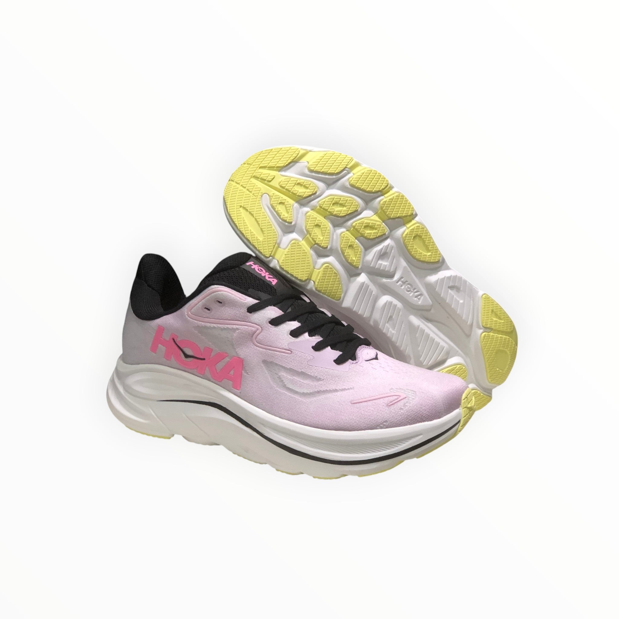 EWW Sports Shoes Men's Hoka Clifton 10 running shoes in pink and black with white midsole and yellow outsole accents.