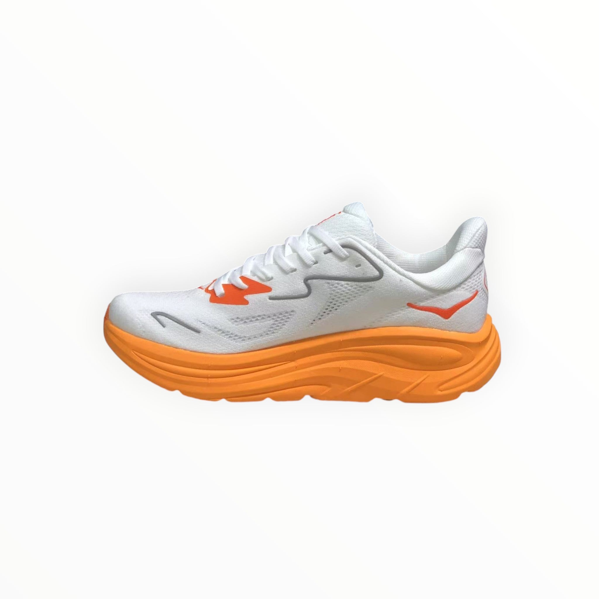 EWW Sports Shoes Men's Hoka Clifton 10 running shoe in white with orange accents and sole. Lightweight mesh upper with signature cushioning.