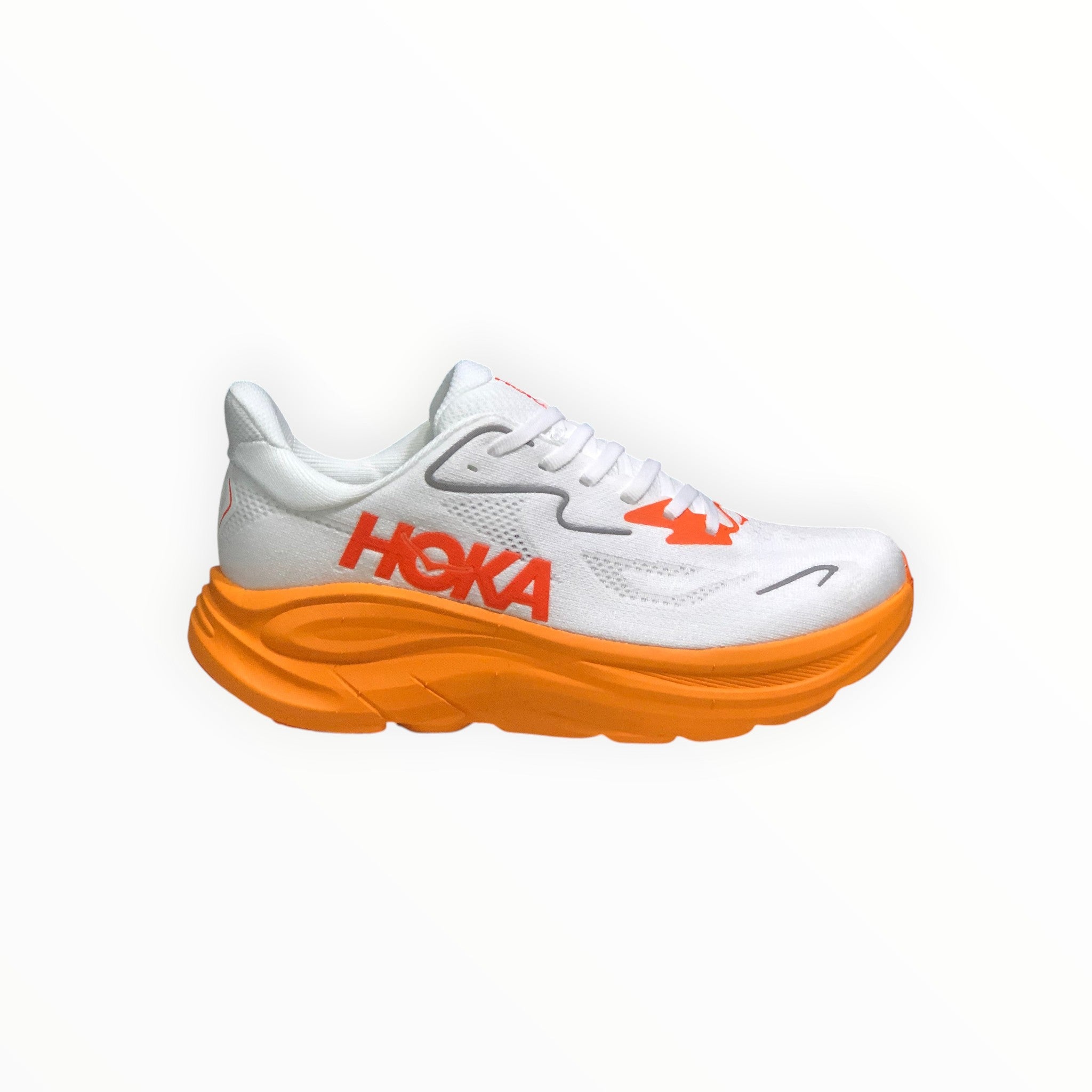 EWW Sports Shoes Men's Hoka Clifton 10 running shoe in white with orange accents and sole. Features breathable mesh and signature cushioning.