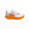 EWW Sports Shoes Men's Hoka Clifton 10 running shoe in white with orange accents and sole. Features breathable mesh and signature cushioning.
