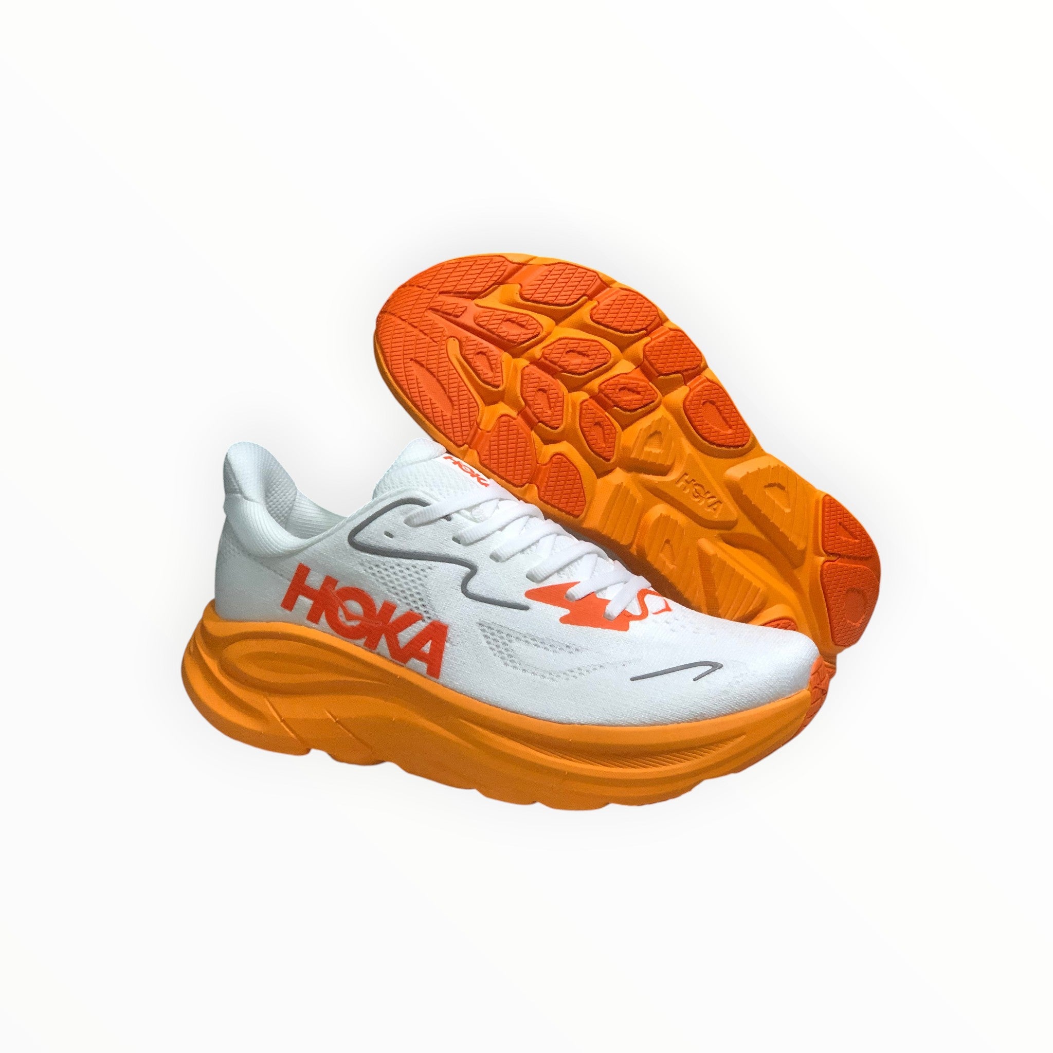 EWW Sports Shoes Men's Hoka Clifton 10 running shoes in white with orange accents and sole. Lightweight mesh upper with signature cushioning.