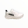 EWW Sports Shoes men's white Hoka Clifton 10 running shoe with black Hoka logo and black heel tab. Lightweight mesh upper and cushioned sole.