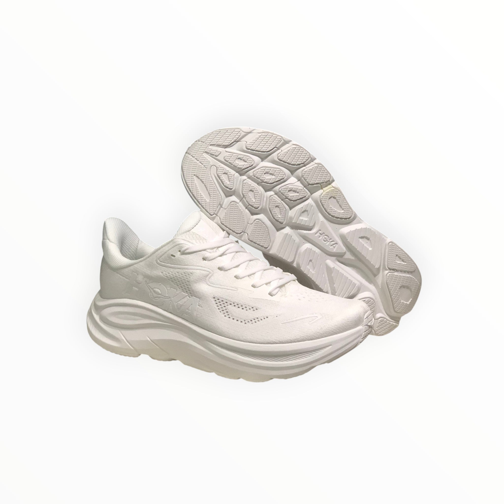 EWW Sports Shoes Men's Hoka Clifton 10 white running shoes with breathable mesh upper and plush cushioning.