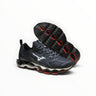 EWW Sports Shoes Mizuno Wave Prophecy 14S black and blue running shoes with Infinity Wave plate and mesh upper.