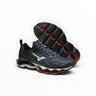 EWW Sports Shoes Mizuno Wave Prophecy 14S black and blue running shoes with Infinity Wave plate and mesh upper.